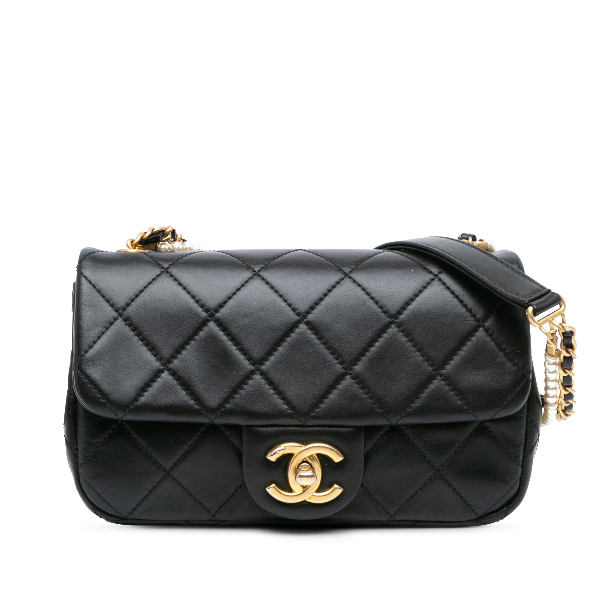 Chanel Mini Quilted Calfskin Crystal Pearls Chain Flap - image 1