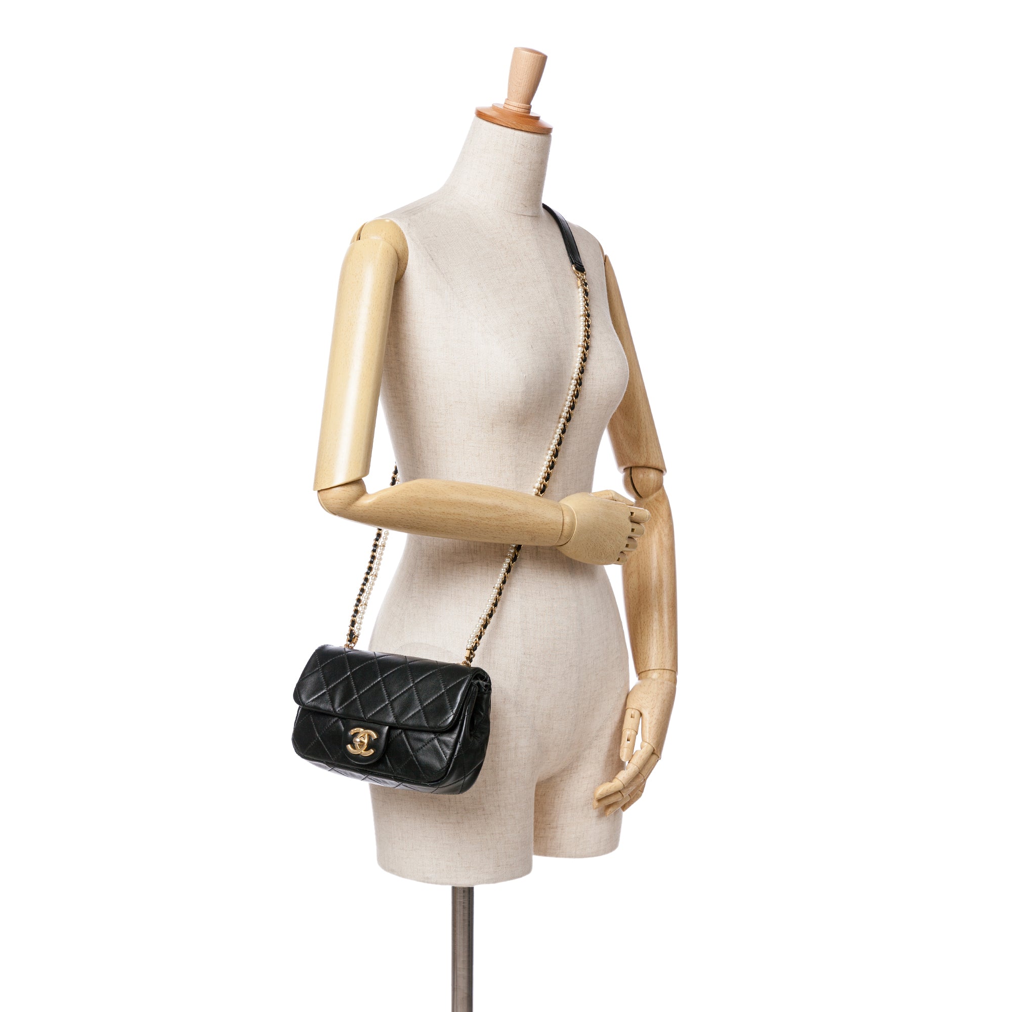 Chanel Mini Quilted Calfskin Crystal Pearls Chain Flap - image 8