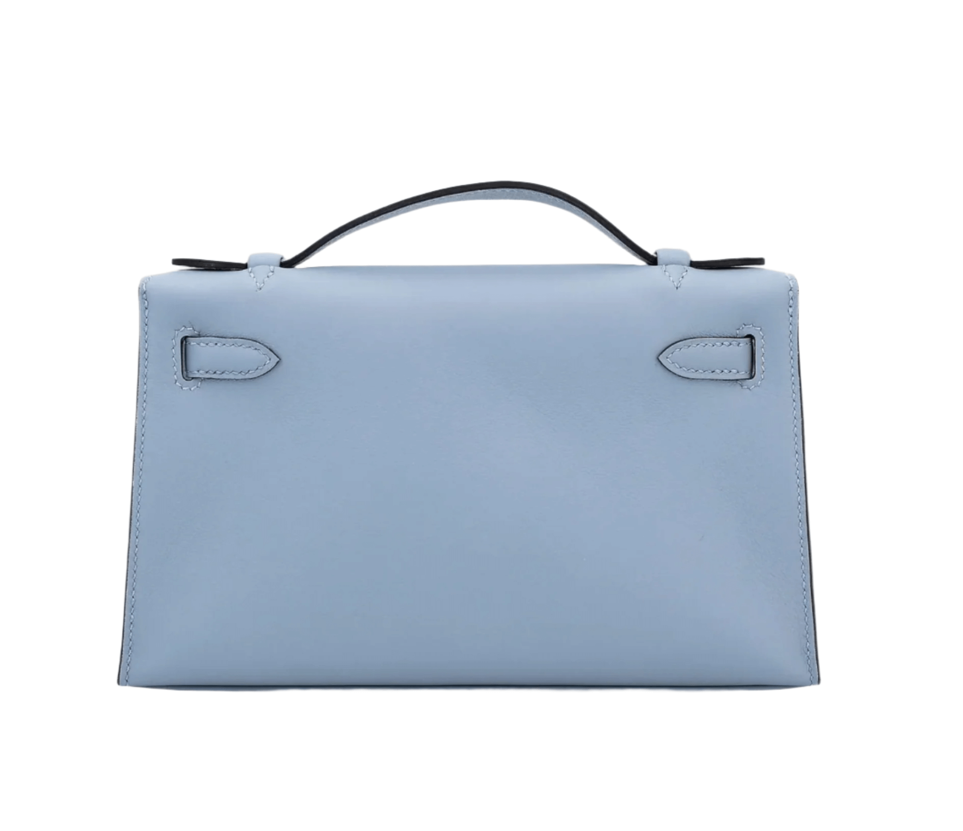 Hermès Kelly Pochette in pastel Bleu Lin Swift leather with palladium hardware and top handle in a structured clutch silhouette
