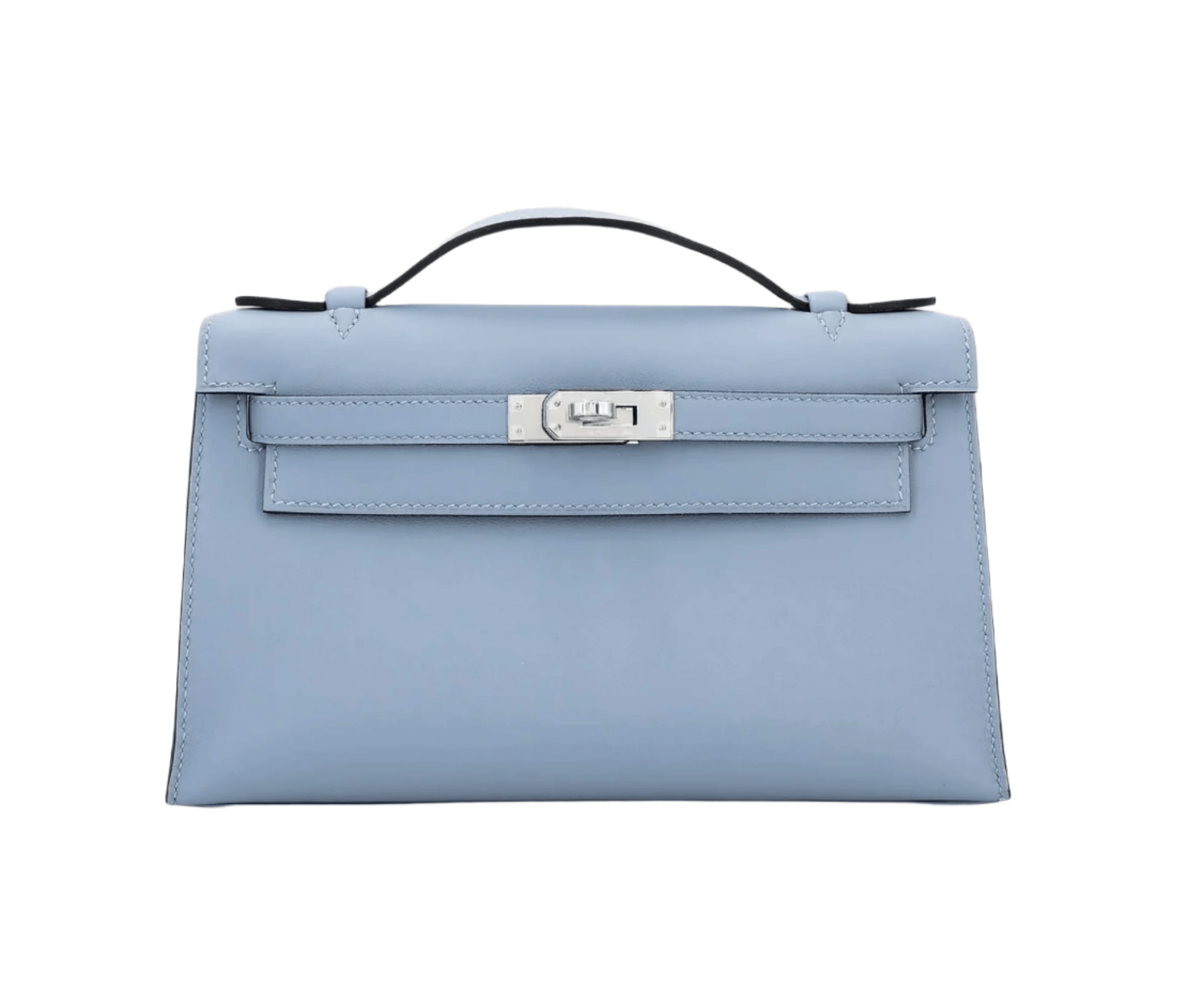Hermès Kelly Pochette in pastel Bleu Lin Swift leather with palladium hardware and top handle in a structured clutch silhouette
