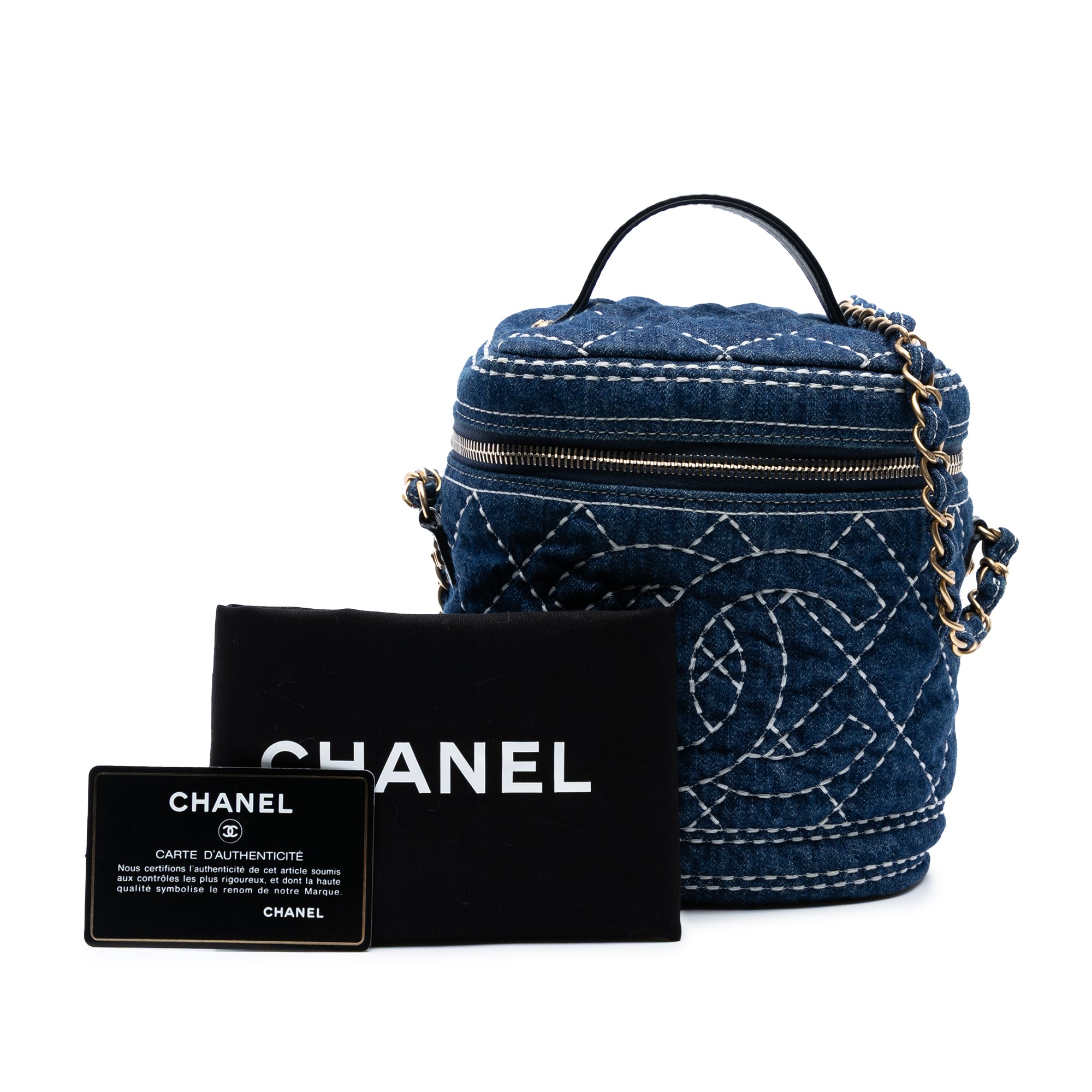 Chanel CC Quilted Denim Trip Vanity Case with Chain - image 8