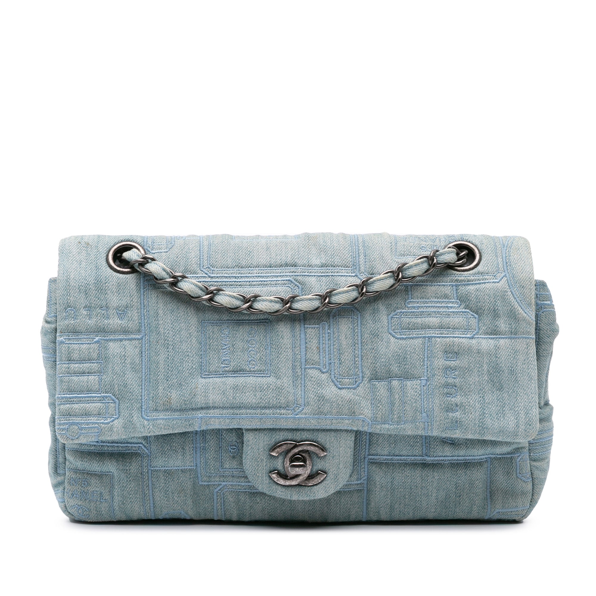 Chanel Medium Embroidered Denim Perfume Bottle Single Flap - image 1