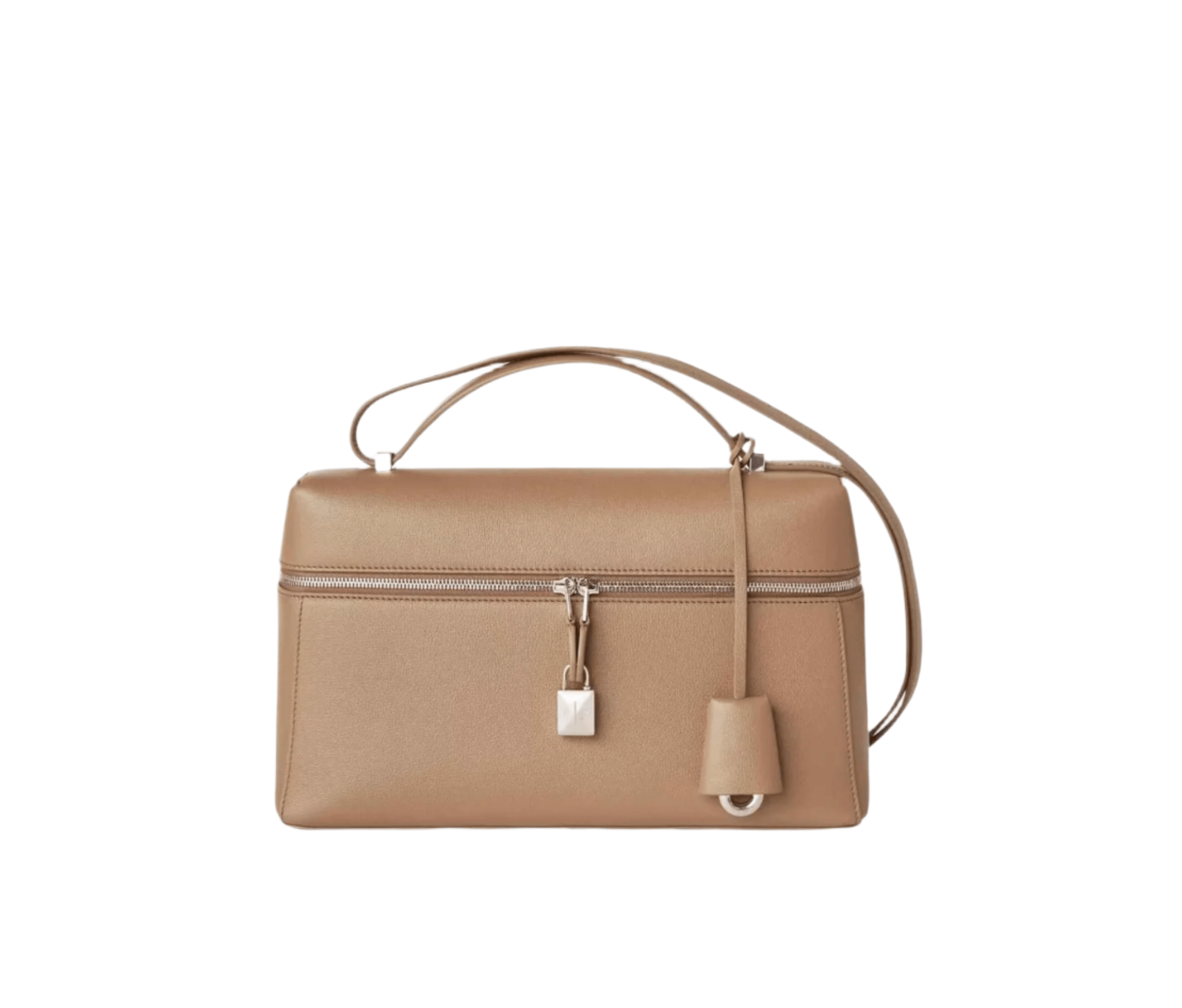 Front view of a Loro Piana calf skin bag in light brown colour