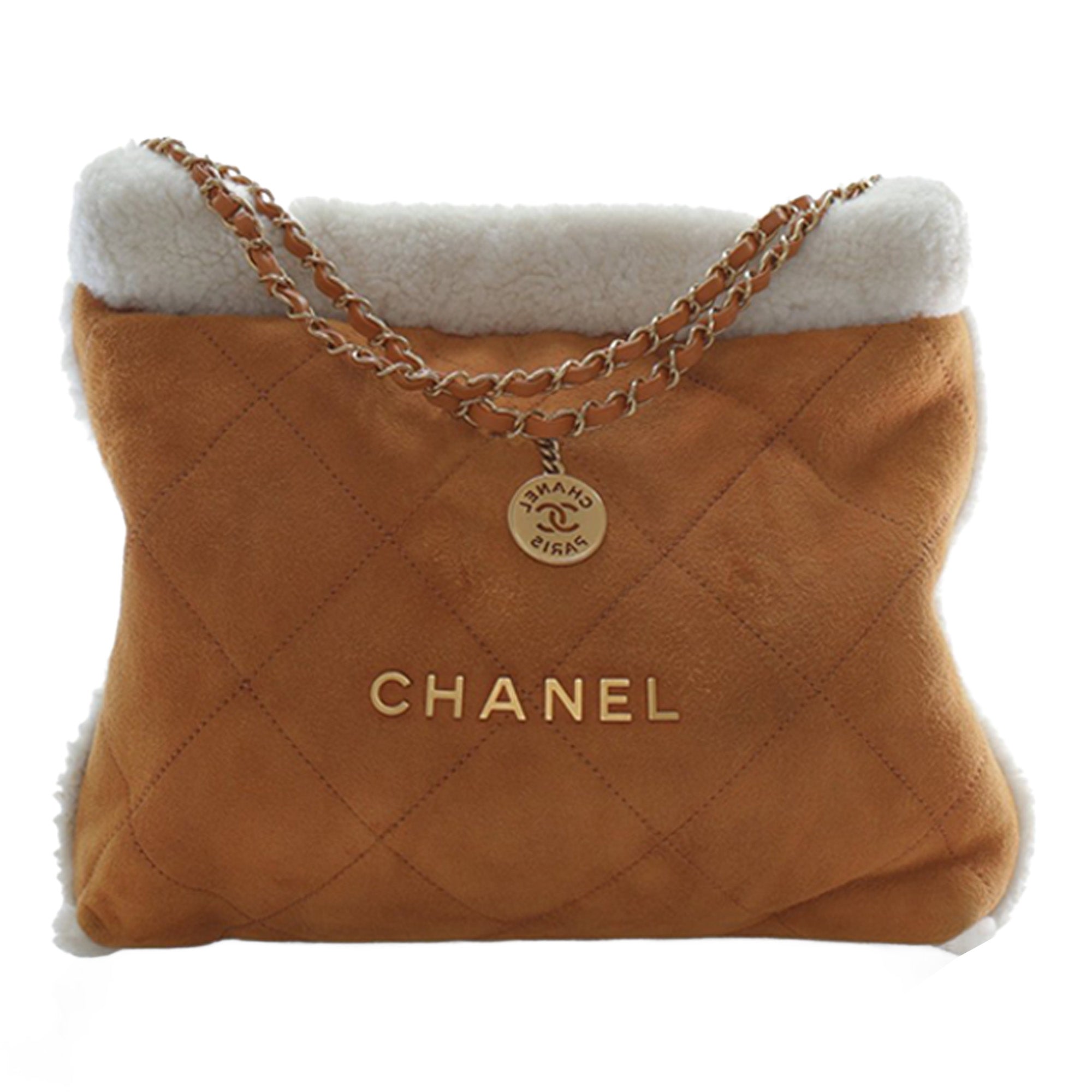 Chanel Large Quilted Suede 22 Hobo with Shearling Trim - image 1