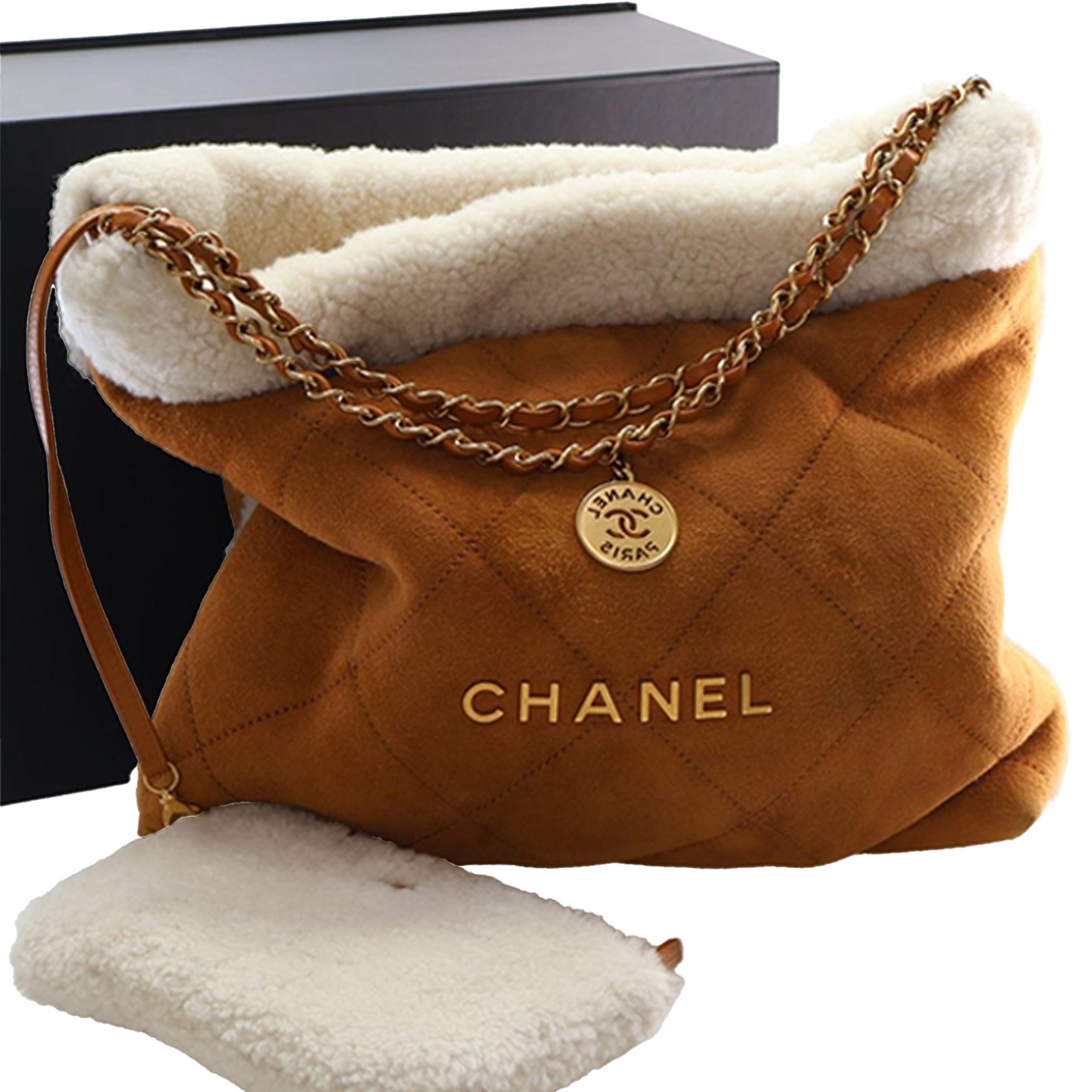 Chanel Large Quilted Suede 22 Hobo with Shearling Trim - image 14