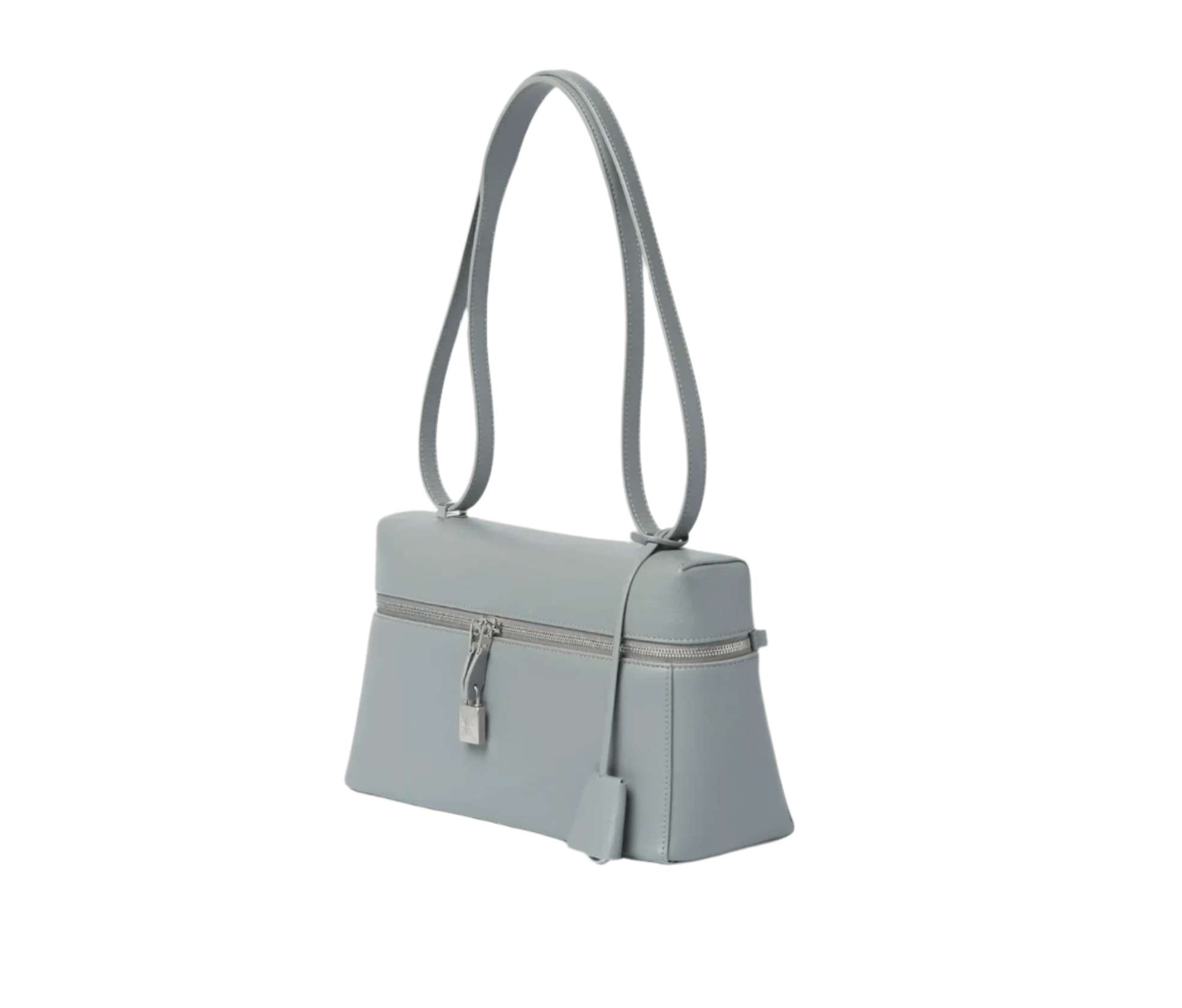 Side view of a Loro Piana Extra L27 Calfskin light blue handbag featuring a clochette and thin shoulder strap