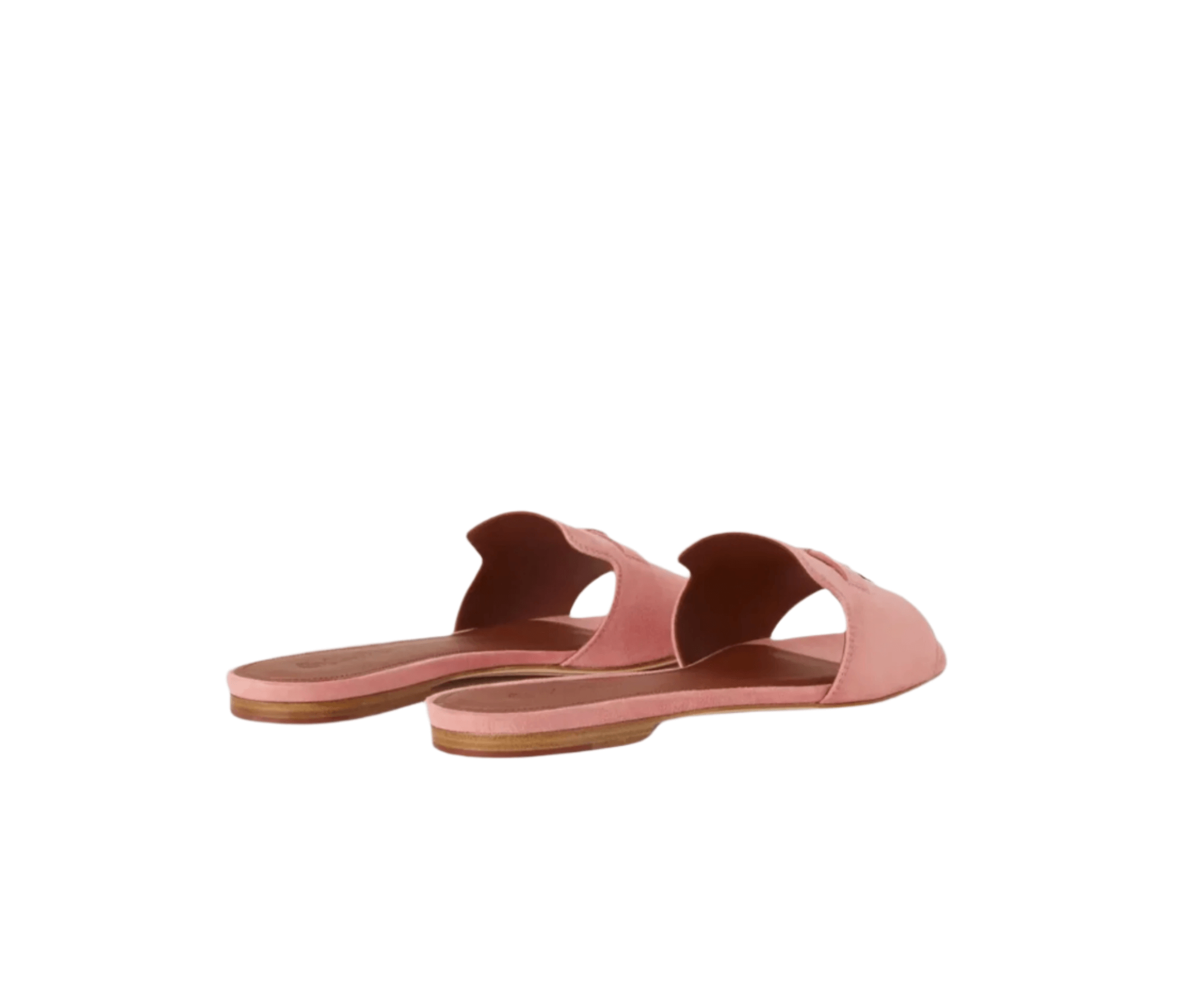 Side view of Loro Piana Pink Shell Summer Charms sandal showing slim profile, tonal stitching, and buffed leather sole
