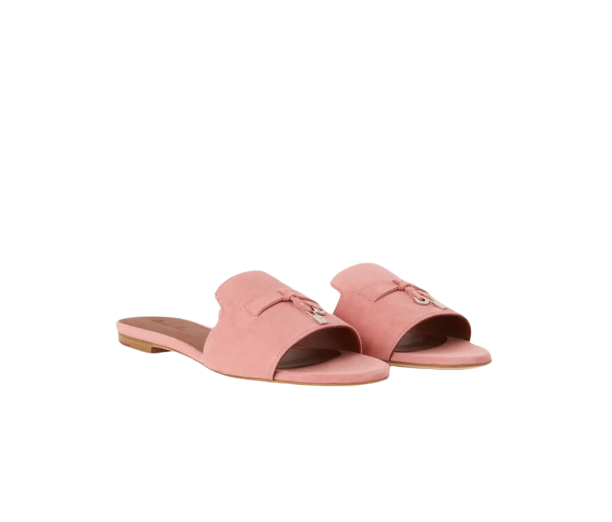Loro Piana Summer Charms Flat Sandal in Pink Shell suede with metallic My Charms embellishments and quilted footbed
