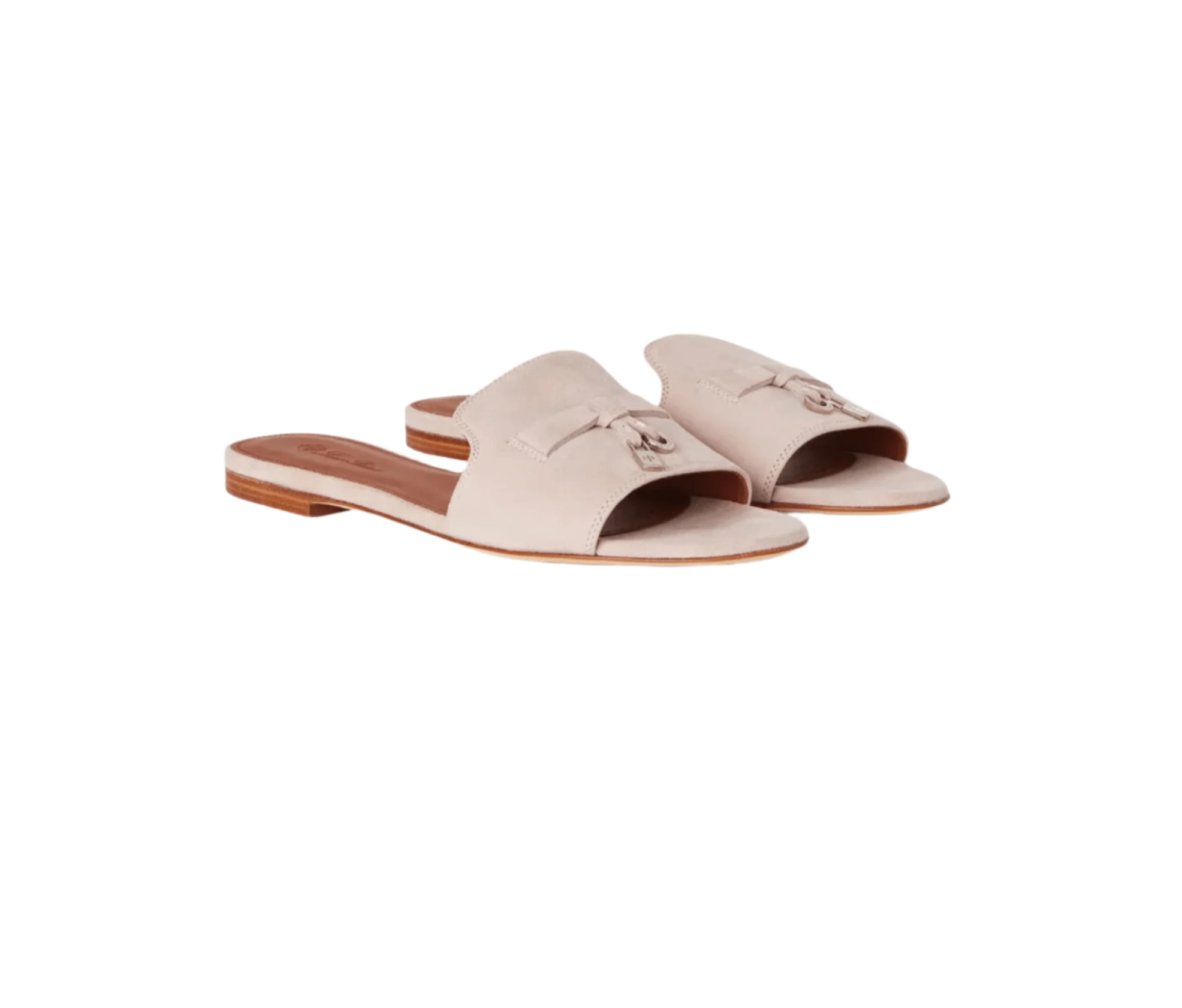 Loro Piana Summer Charms Flat Sandal in soft suede goatskin with metallic My Charms embellishments and tonal stitching
