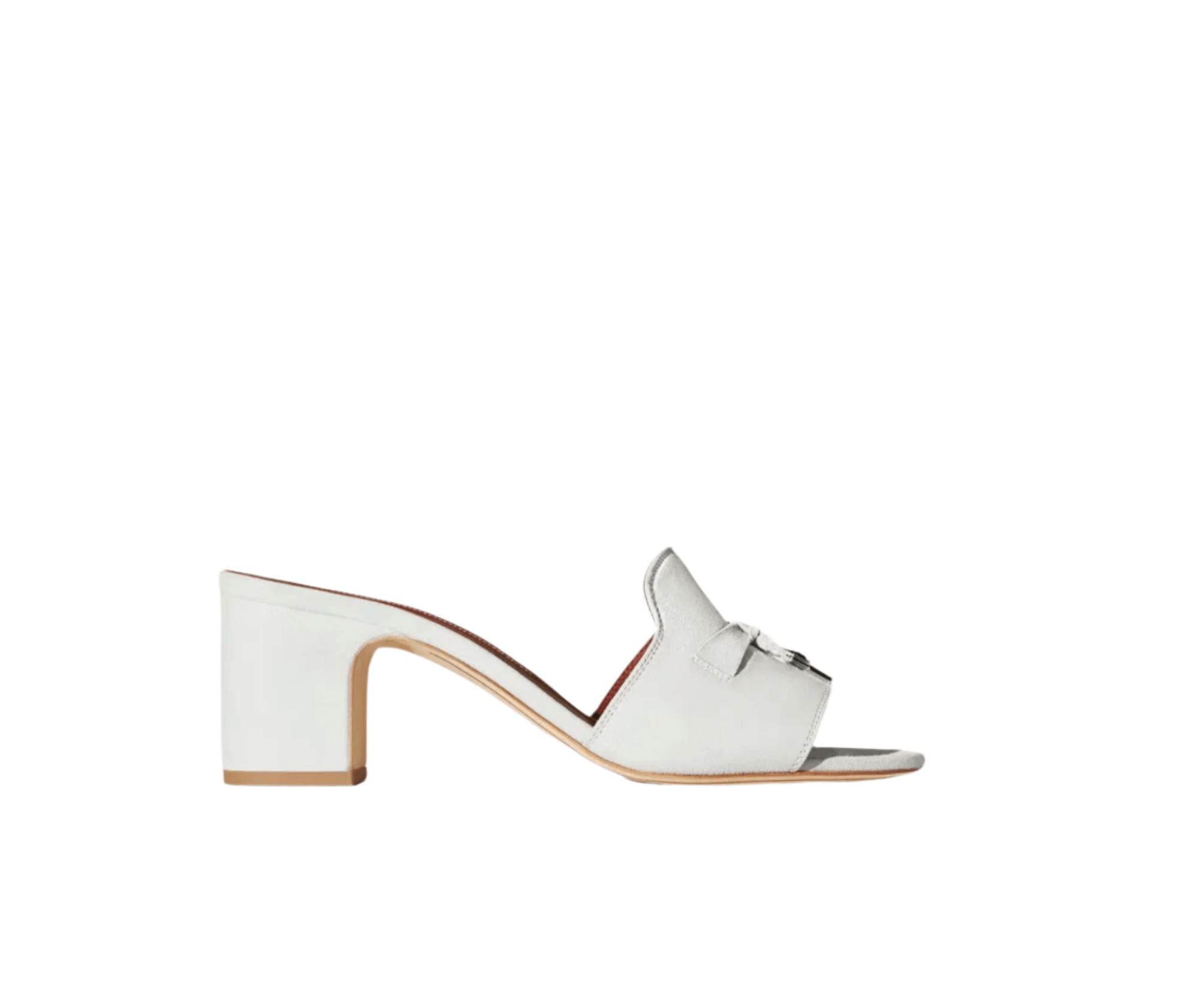 Side view of Loro Piana Summer Charms sandal showing soft suede upper, elegant mid-heel, and tonal stitching
