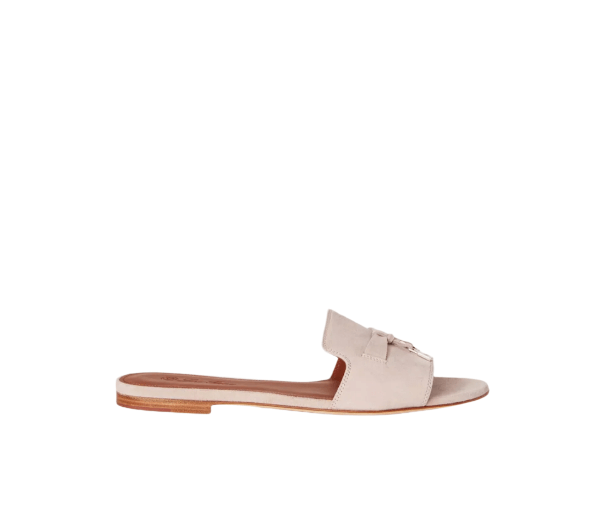 Side view of Loro Piana Summer Charms sandal showing slim silhouette, buffed leather sole, and cushioned footbed
