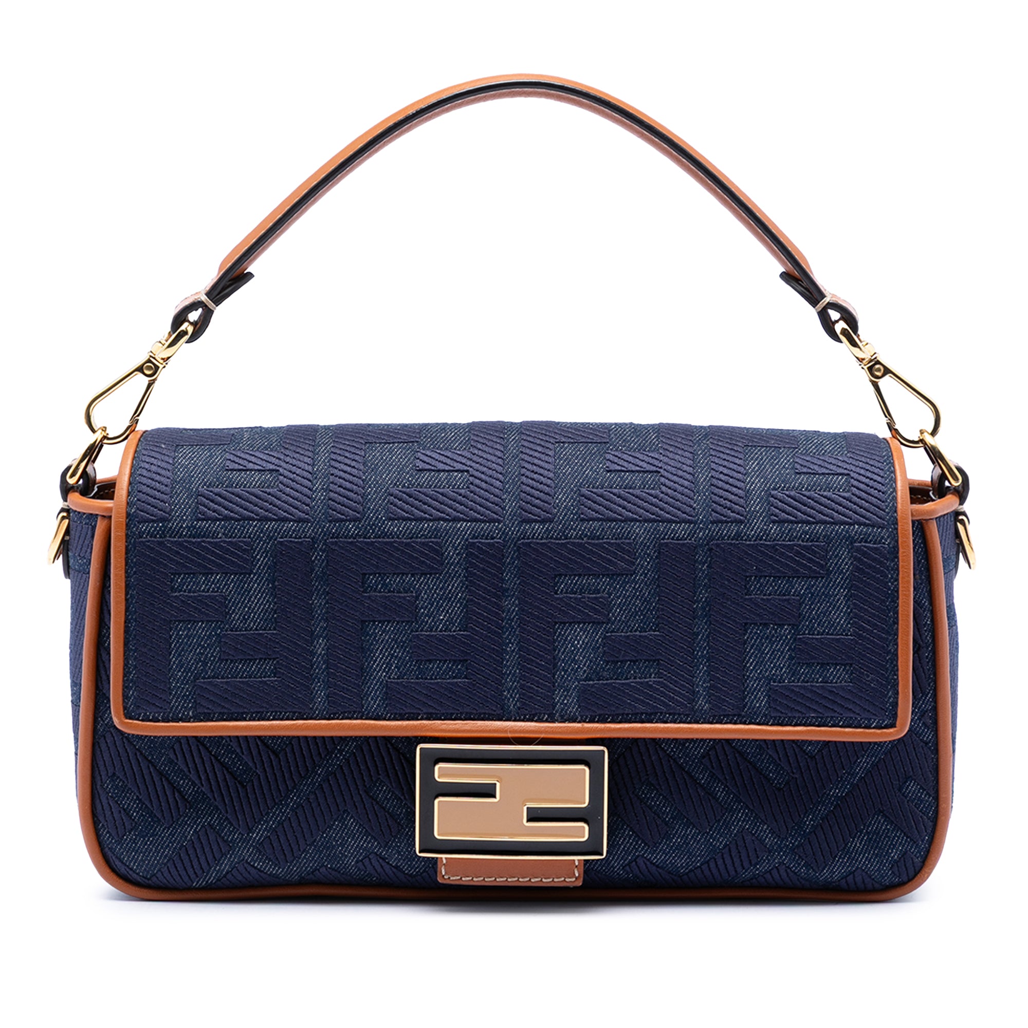 Fendi Zucca Embroidered Denim Baguette Satchel - image 1