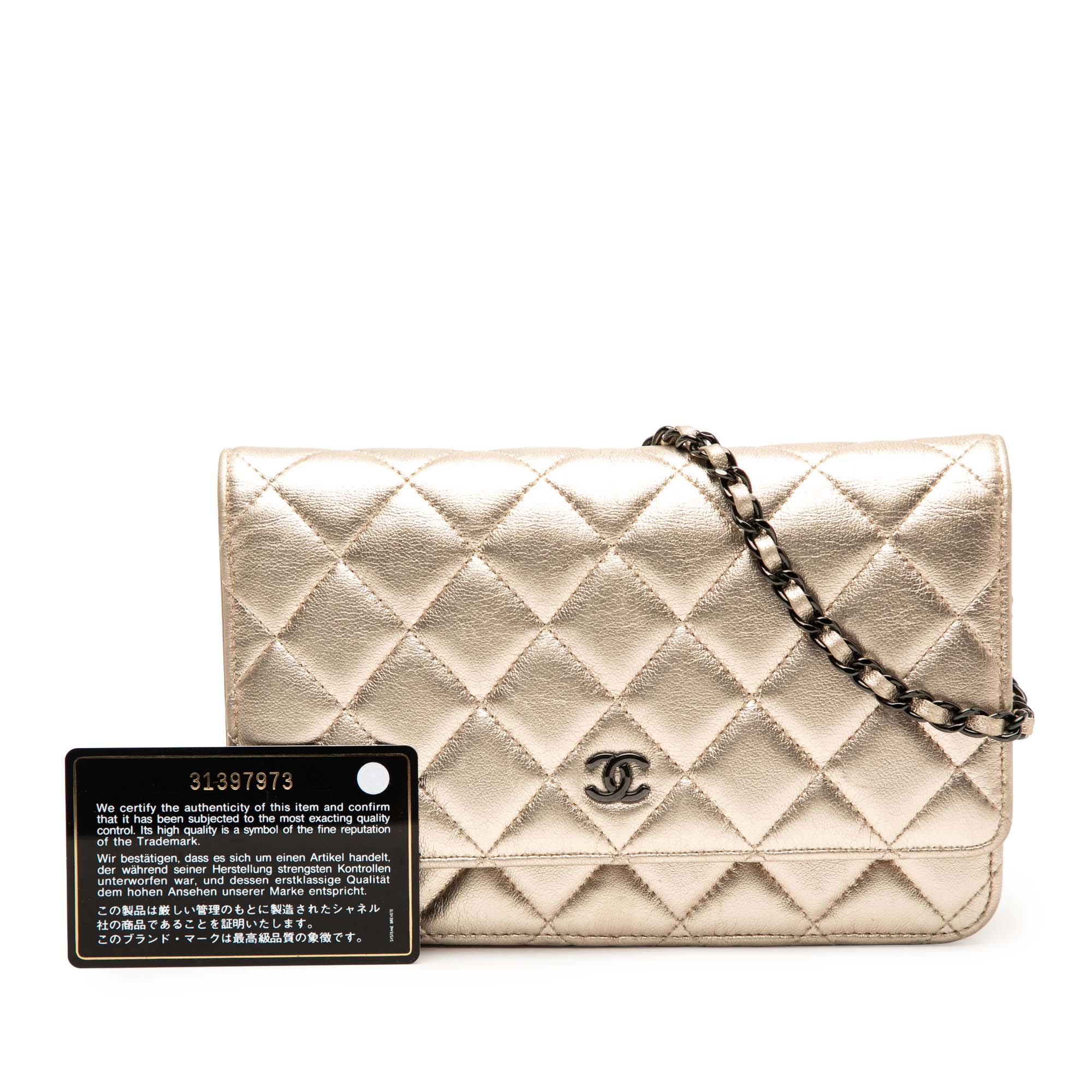 Chanel CC Quilted Metallic Lambskin Wallet on Chain - image 8