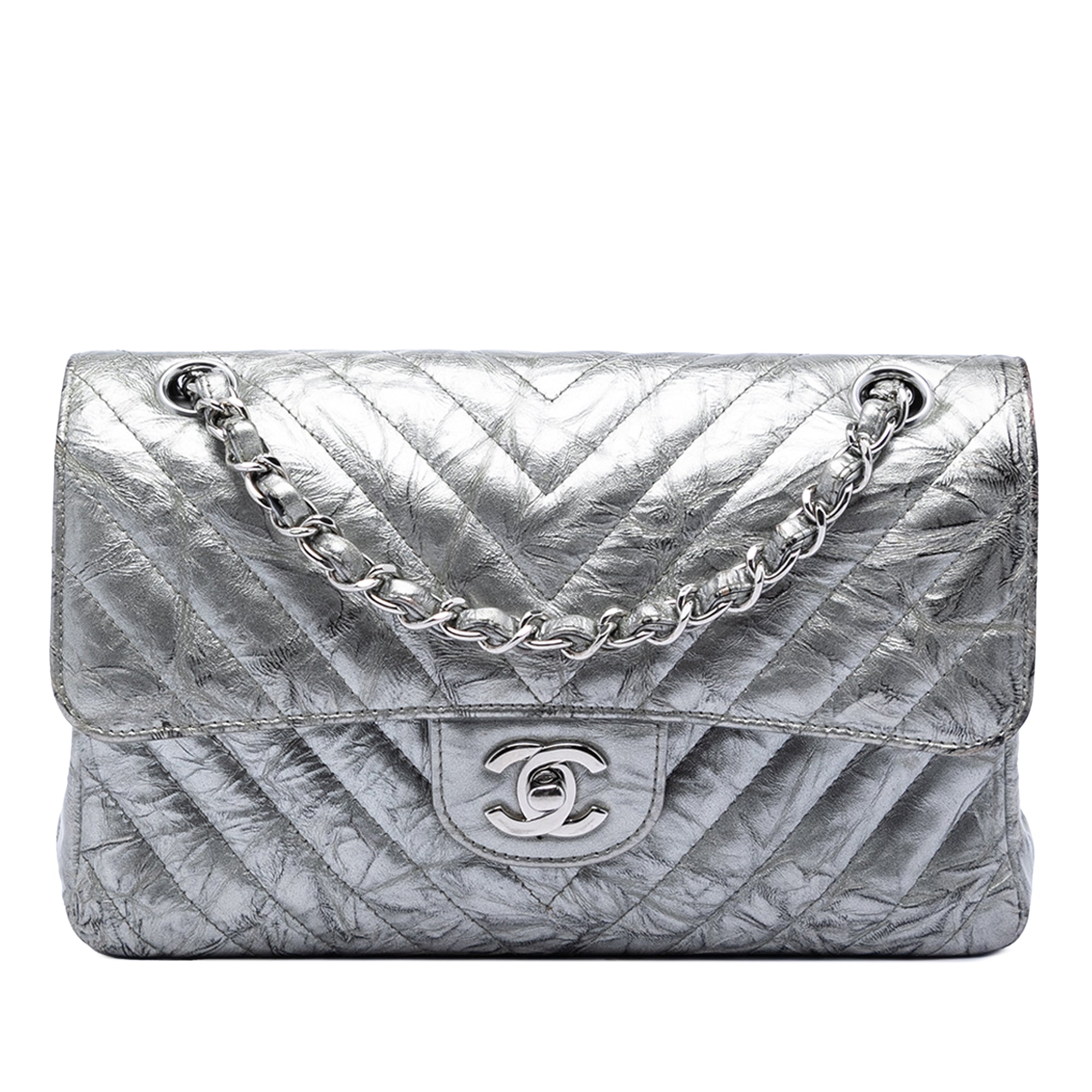 Chanel Small Classic Chevron Metallic Crumpled Calfskin Double Flap - image 1