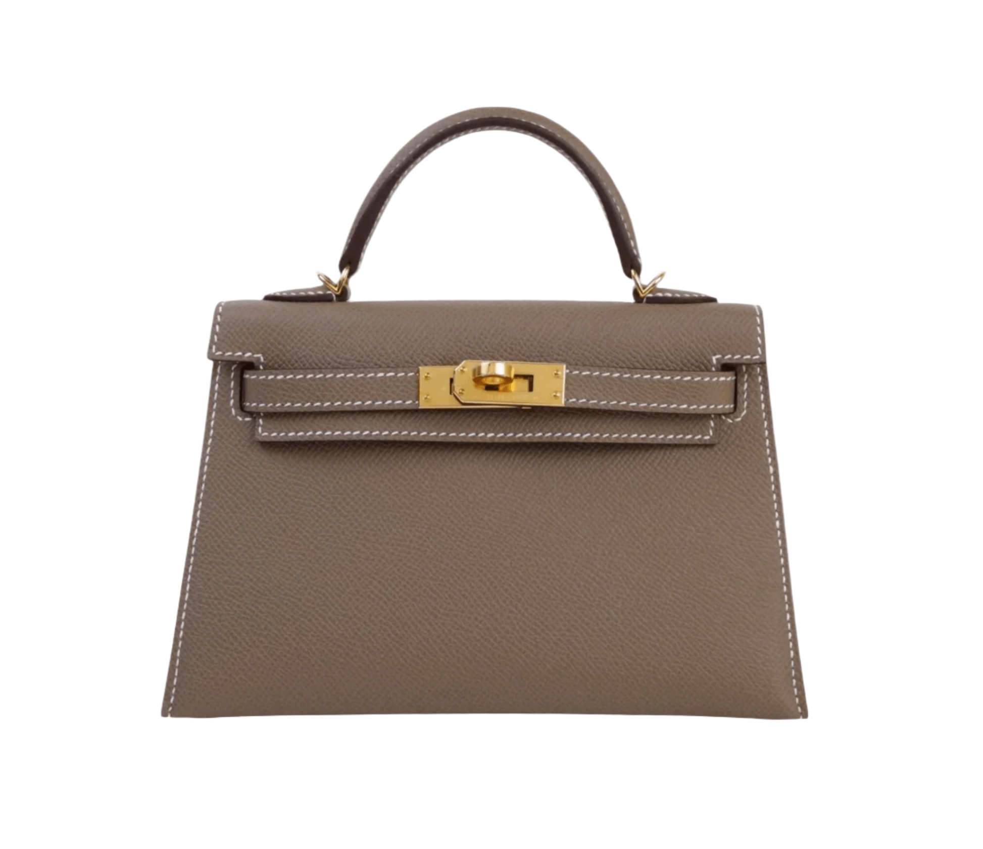 Hermès Mini Kelly II in Etoupe Epsom leather with gold hardware, featuring top handle and classic Sellier silhouette
