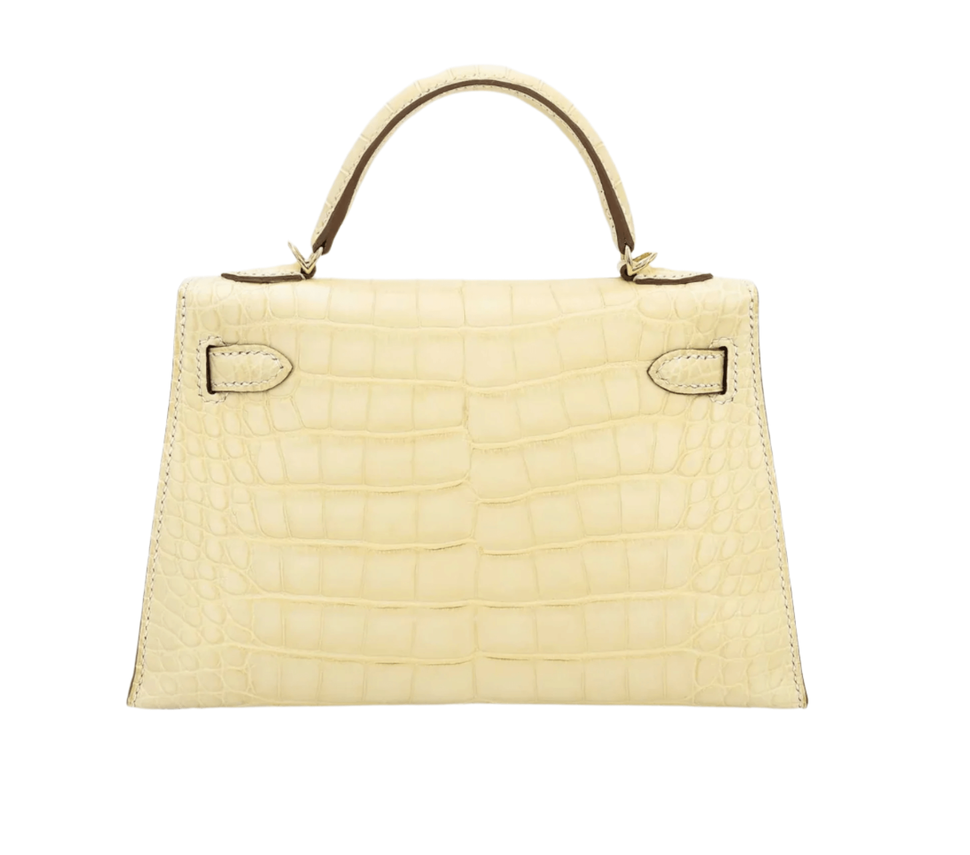Hermès Mini Kelly II in matte alligator Vanille with gold hardware, featuring top handle and turn-lock flap closure
