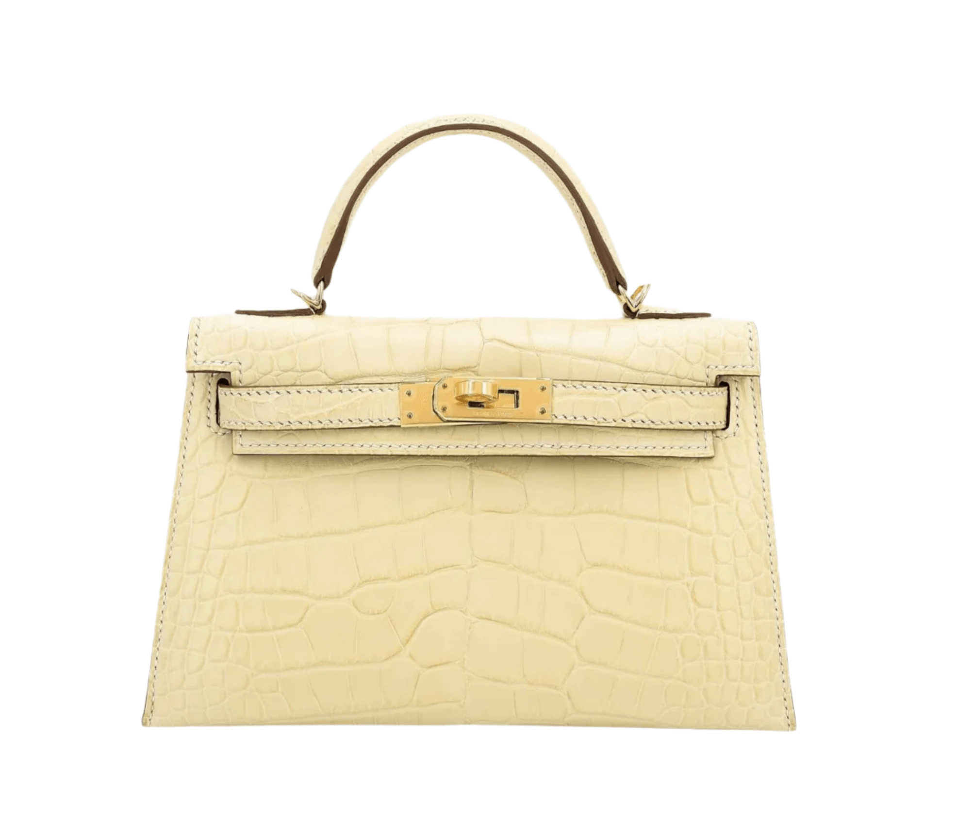 Hermès Mini Kelly II in matte alligator Vanille with gold hardware, featuring top handle and turn-lock flap closure
