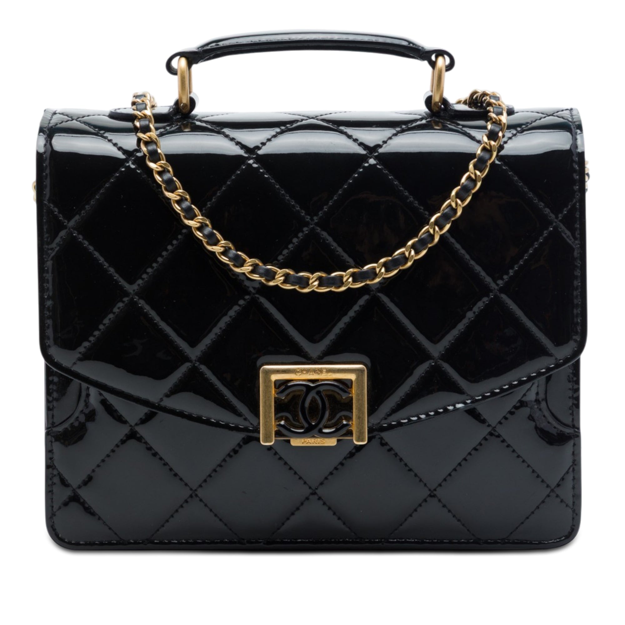Chanel CC Quilted Patent Accordion Pushlock Top Handle Flap - image 1