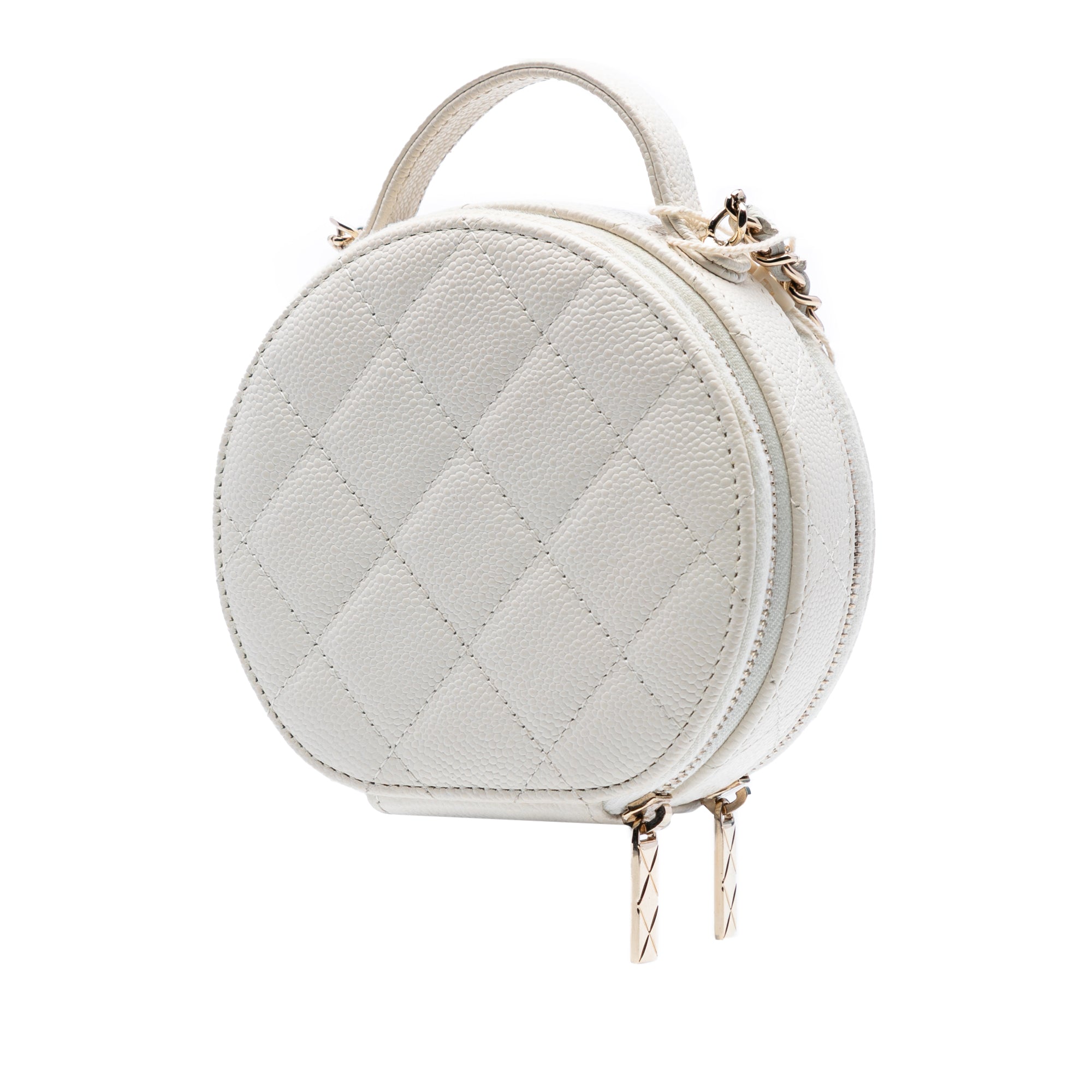 Chanel Quilted Caviar Handle With Care Round Vanity Case with Chain - image 2