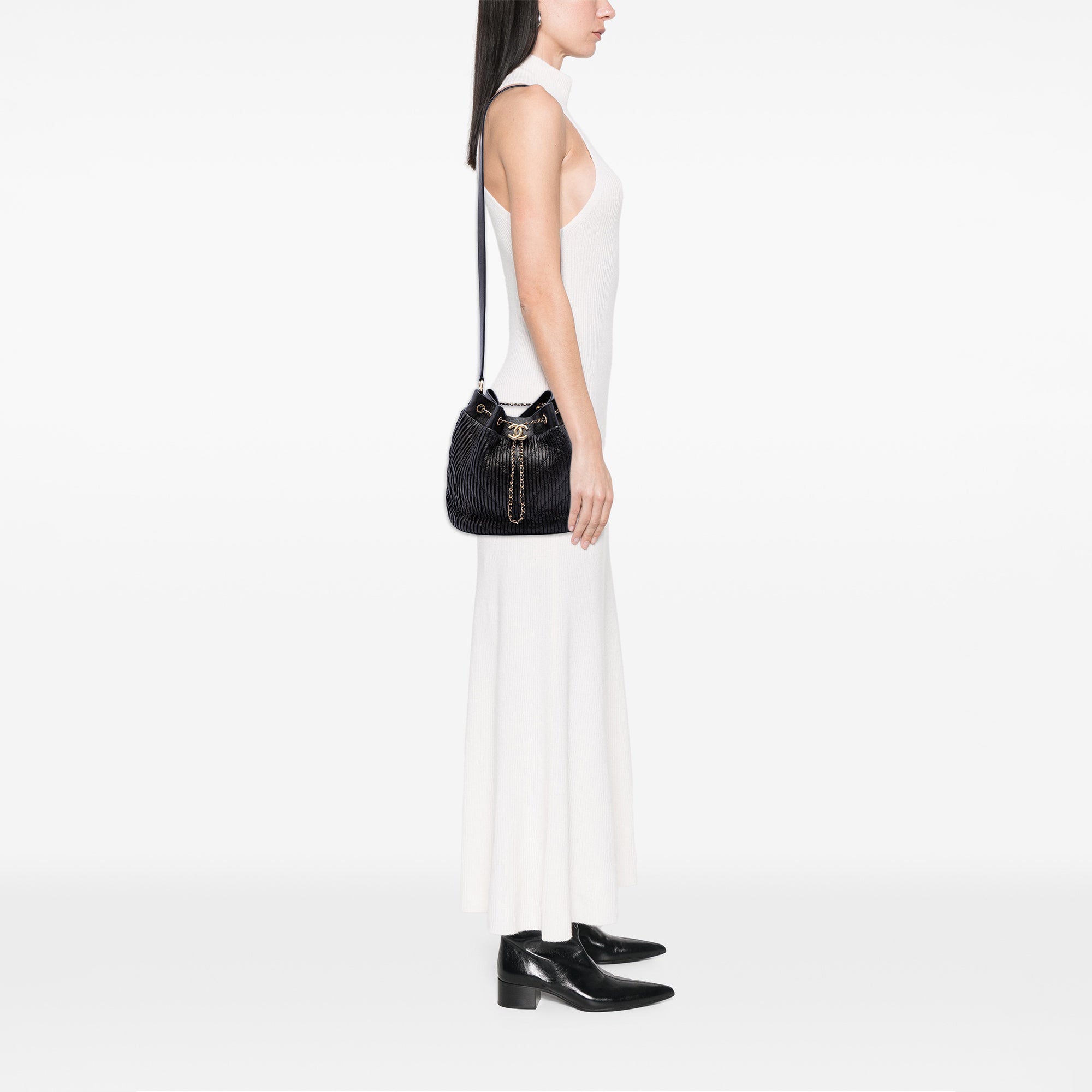 Chanel Medium Crumpled Calfskin Coco Pleats Drawstring Bucket Bag - image 6