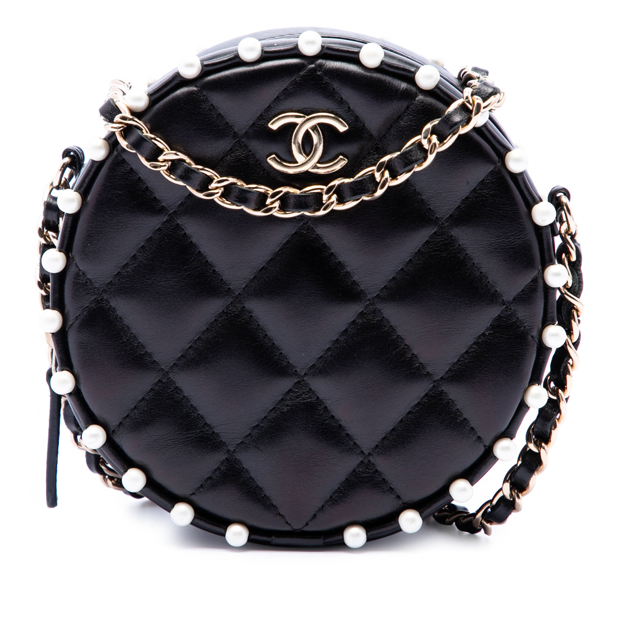 Chanel Quilted Calfskin Pearl Studded Round Clutch with Chain - image 1