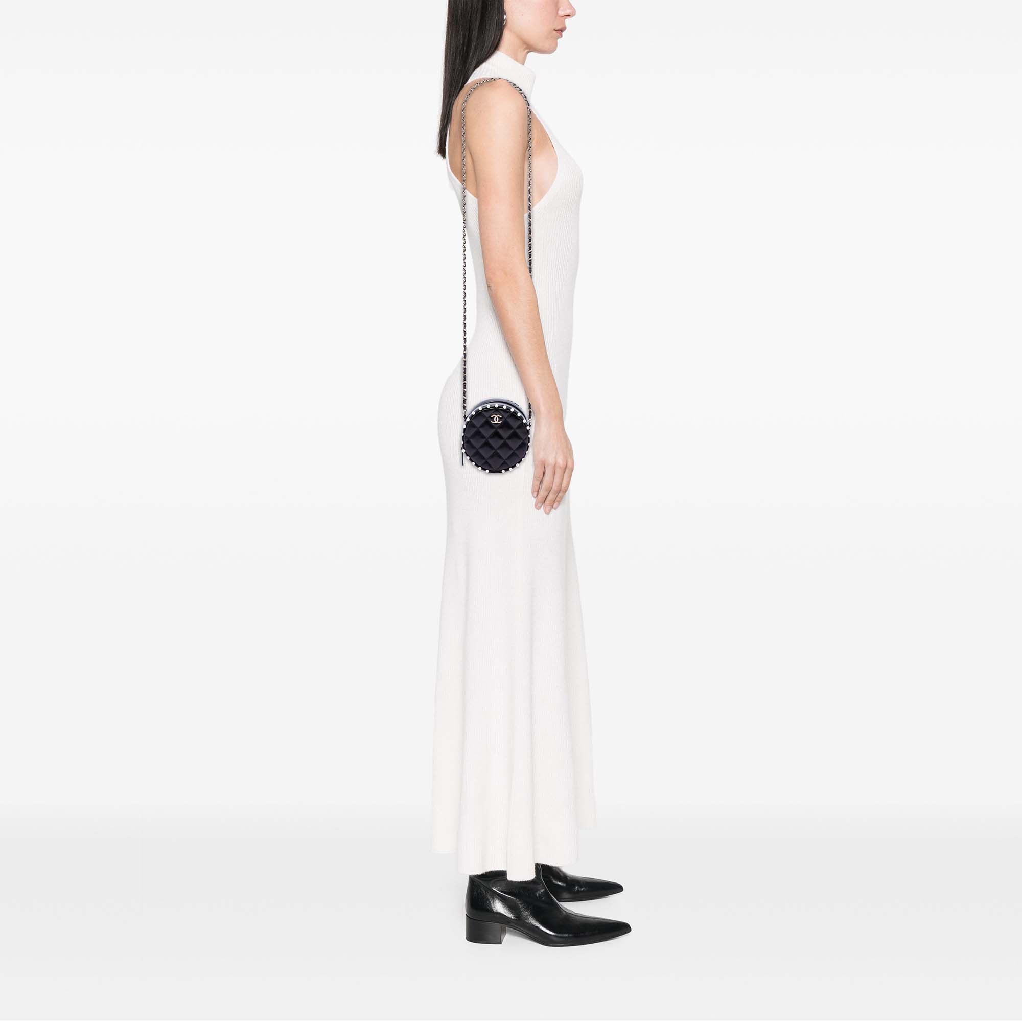 Chanel Quilted Calfskin Pearl Studded Round Clutch with Chain - image 6