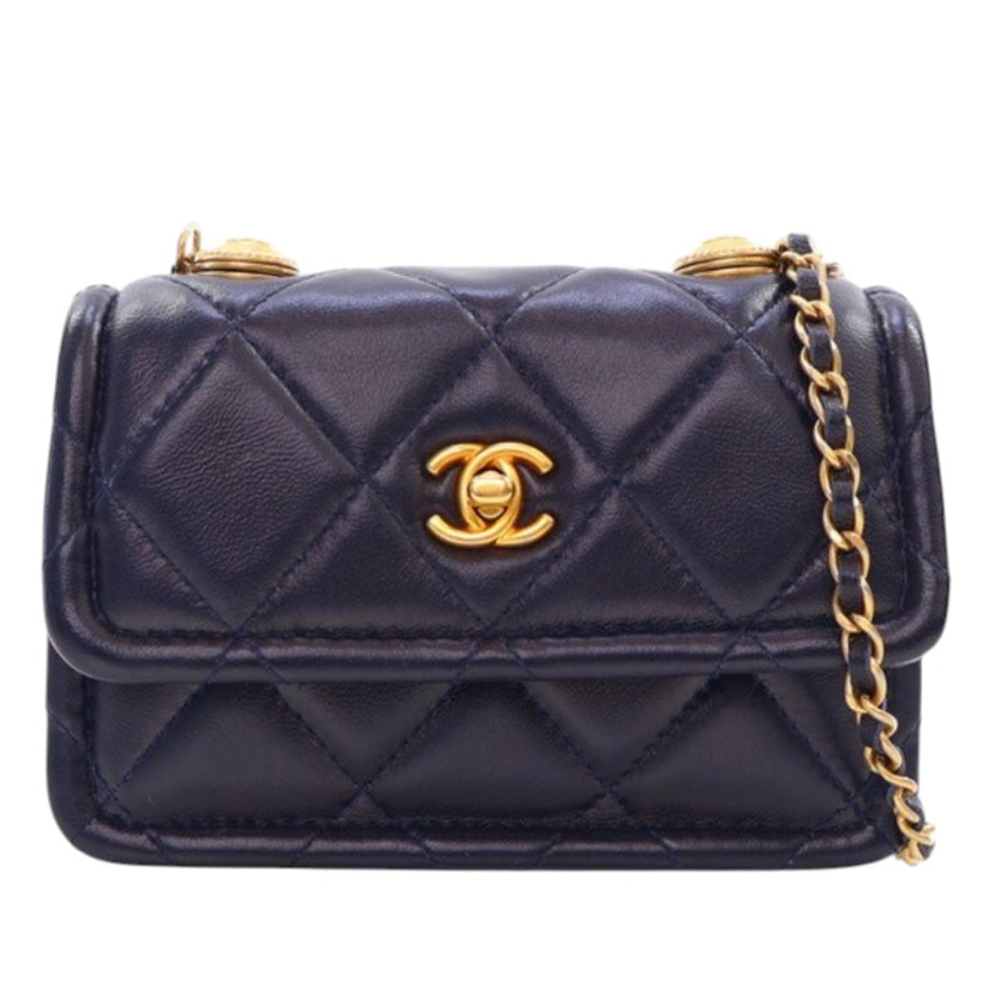 Chanel Mini Quilted Shiny Lambskin Button On Top Flap - image 1
