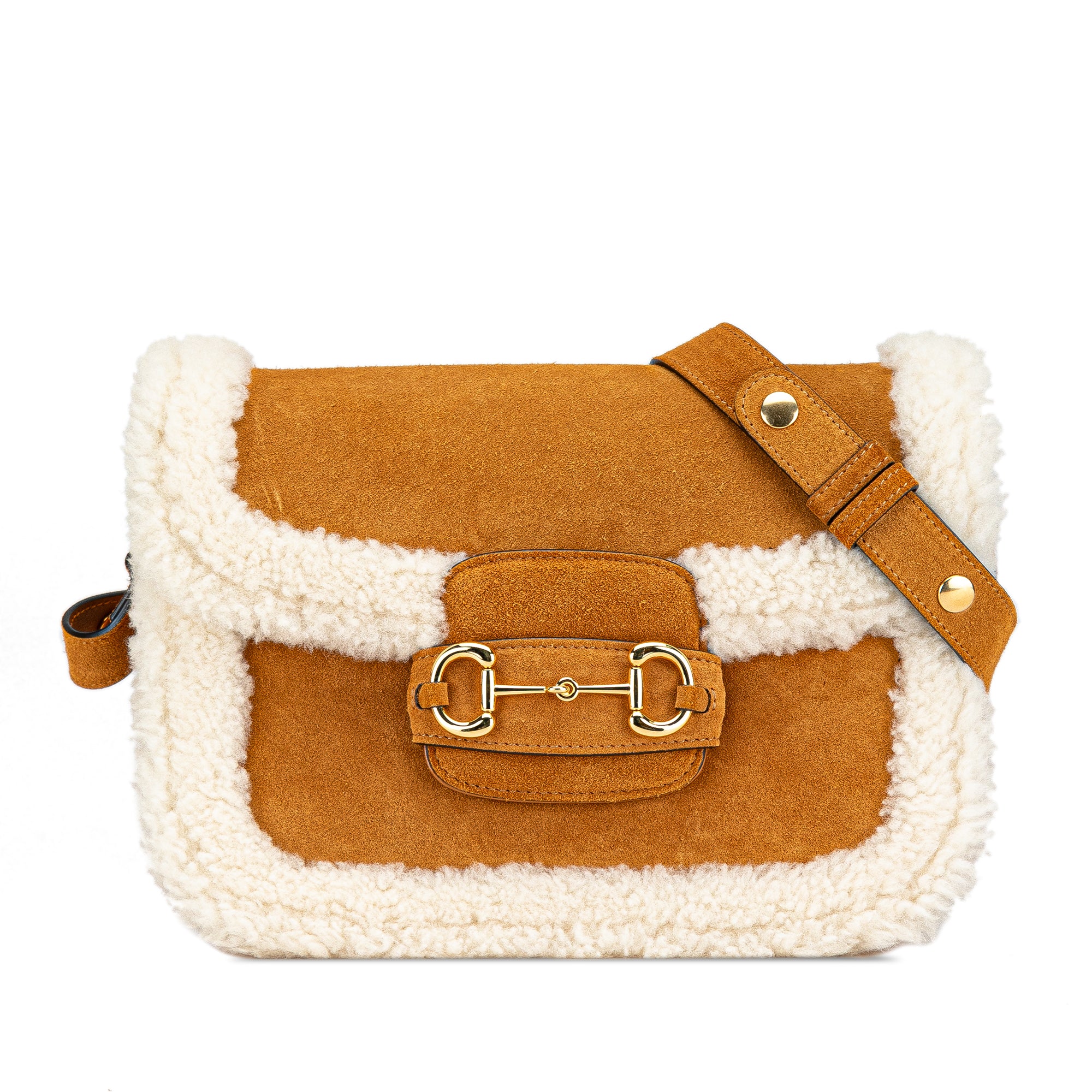 Gucci Medium Shearling Trimmed Suede Horsebit 1955 Shoulder Bag - image 1