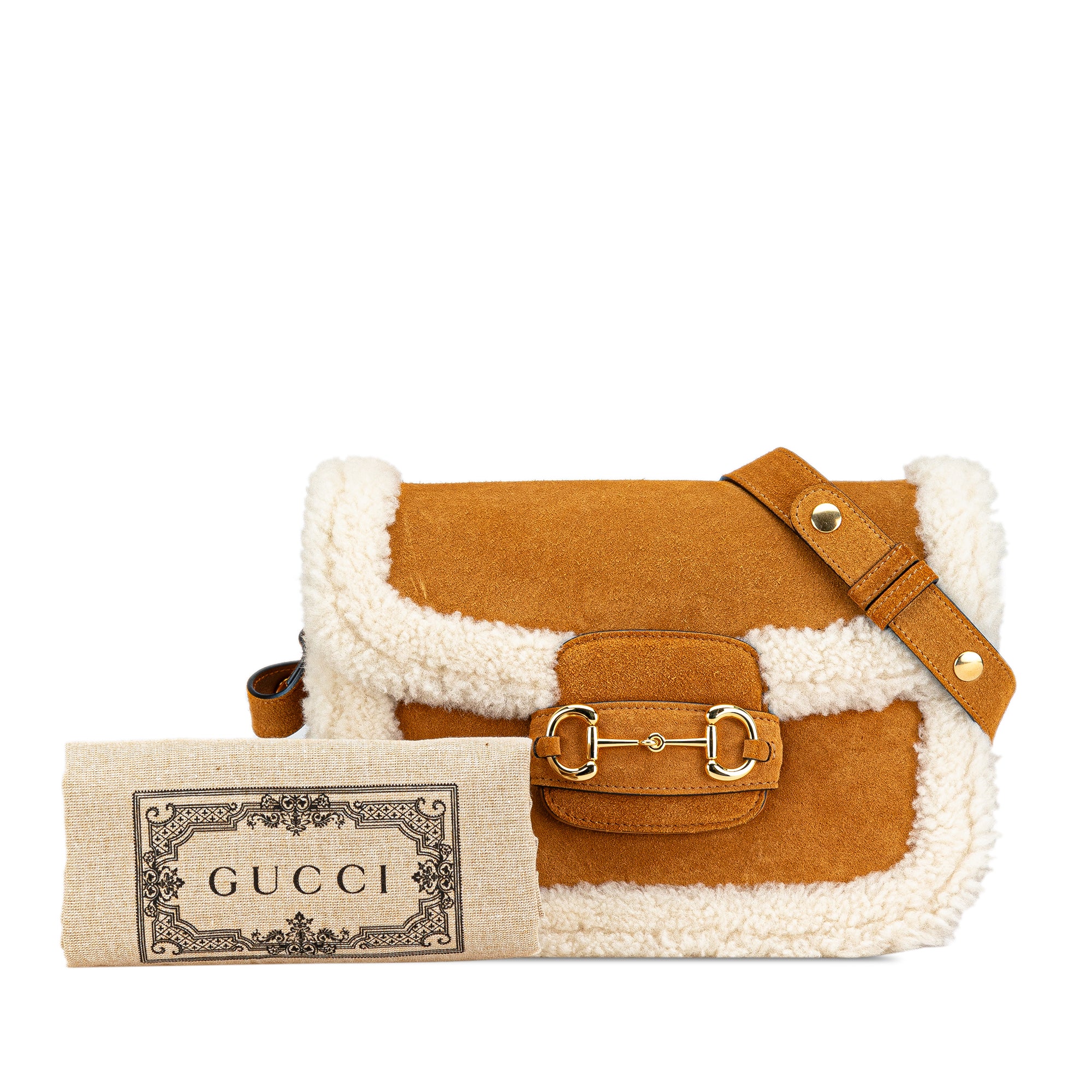 Gucci Medium Shearling Trimmed Suede Horsebit 1955 Shoulder Bag - image 9