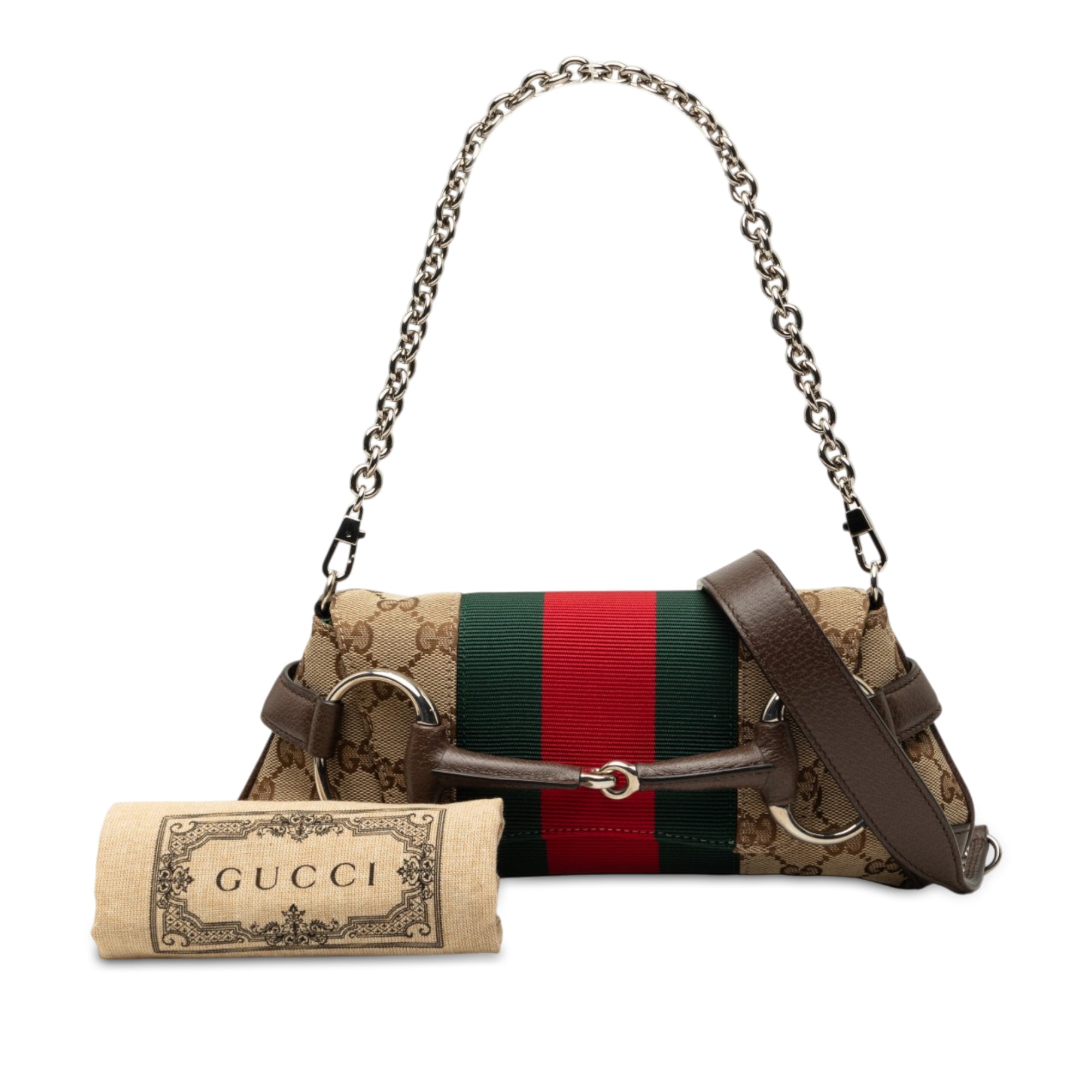 Gucci Small GG Canvas Horsebit Web Chain Satchel - image 7