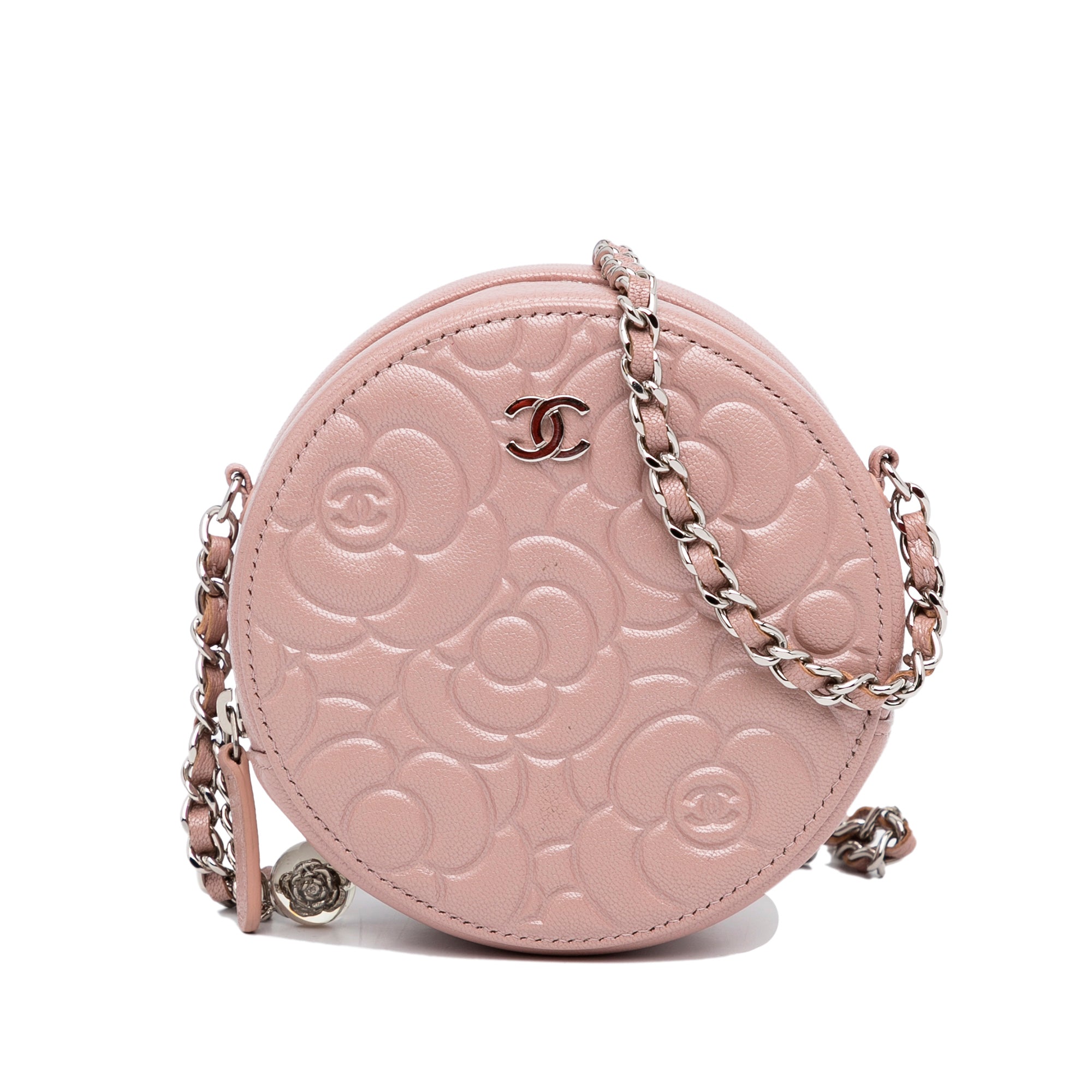 Chanel Goatskin Camellia Round Clutch With Chain - image 1