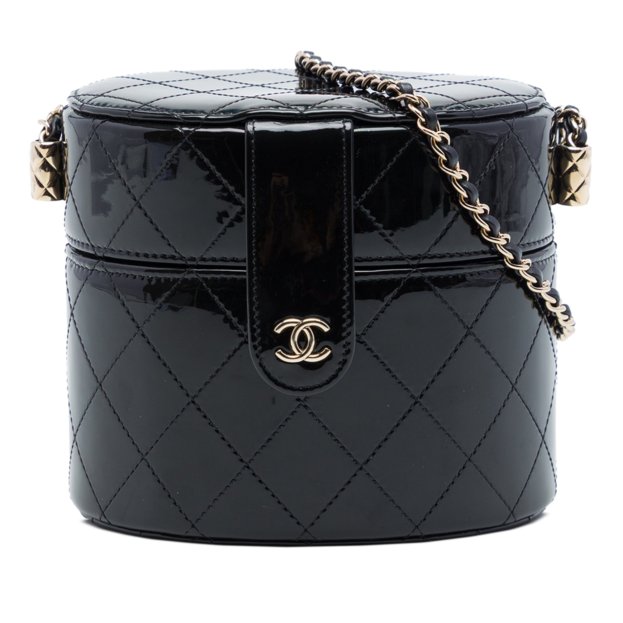 Chanel CC Quilted Patent Round Vanity Clutch With Chain - image 1