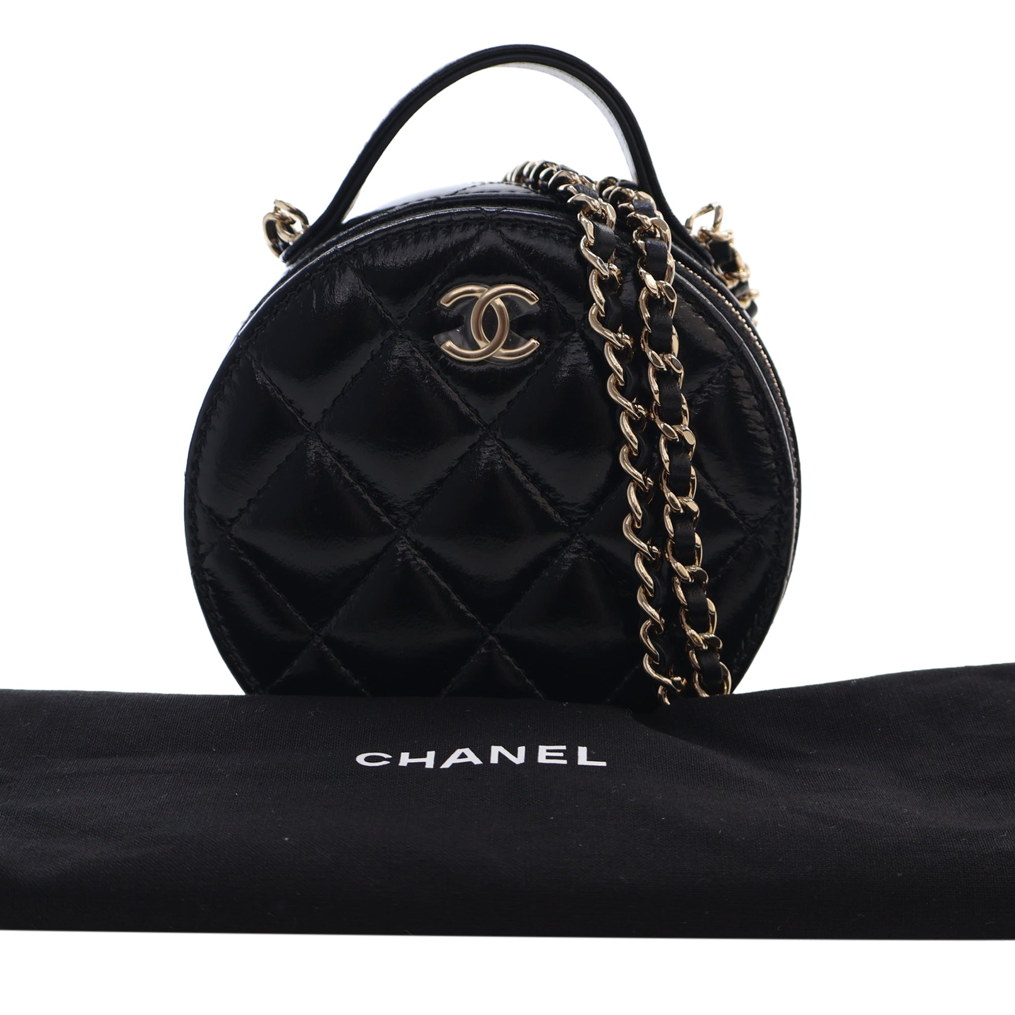 Chanel Quilted Glazed Lambskin Handle With Care Round Vanity Case with Chain - image 15