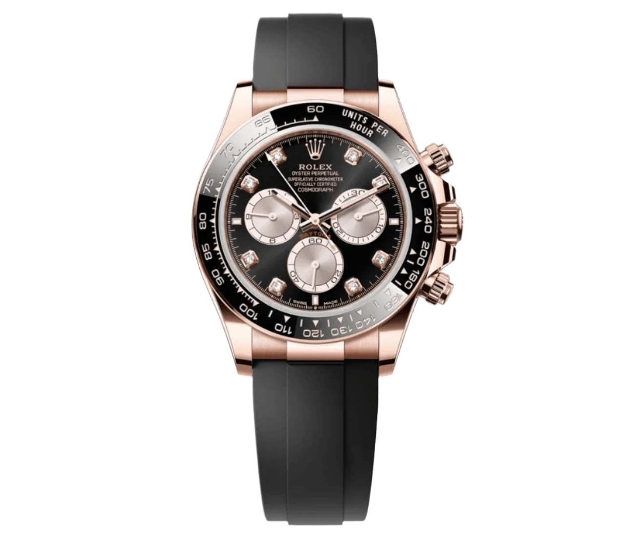 Rolex Daytona 40mm in Everose gold with black and Sundust dial, diamond hour markers, and black Cerachrom bezel on Oysterflex bracelet – Ref 126515LN-0004