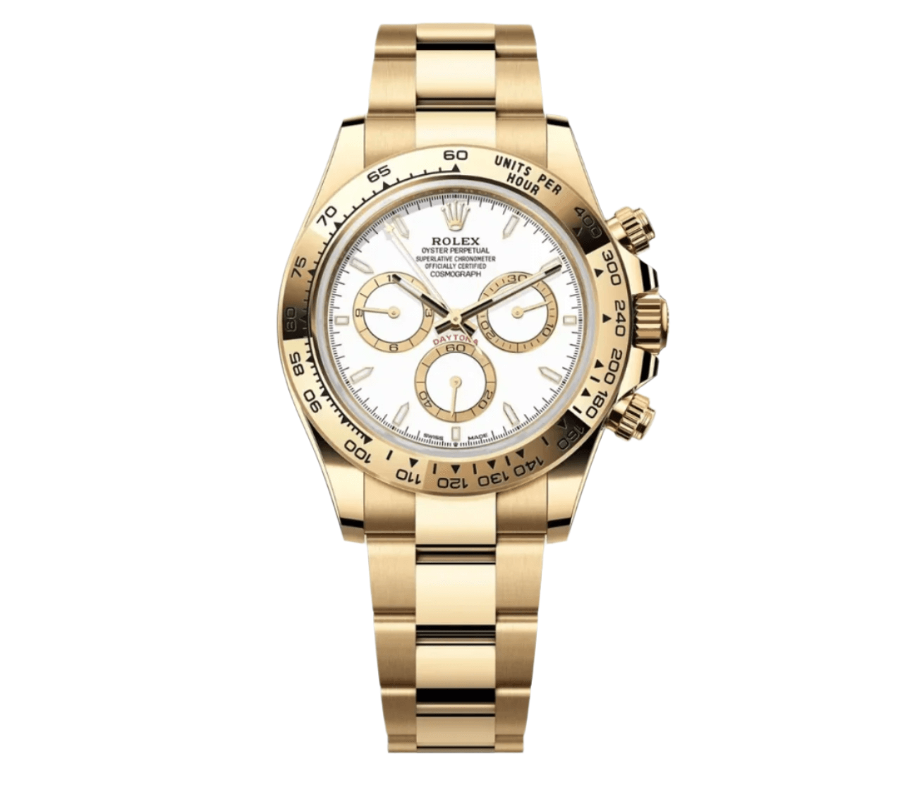 Rolex Daytona 40mm in 18 kt yellow gold with white dial, golden subdials, and tachymeter bezel on Oyster bracelet – Ref 126508-0001