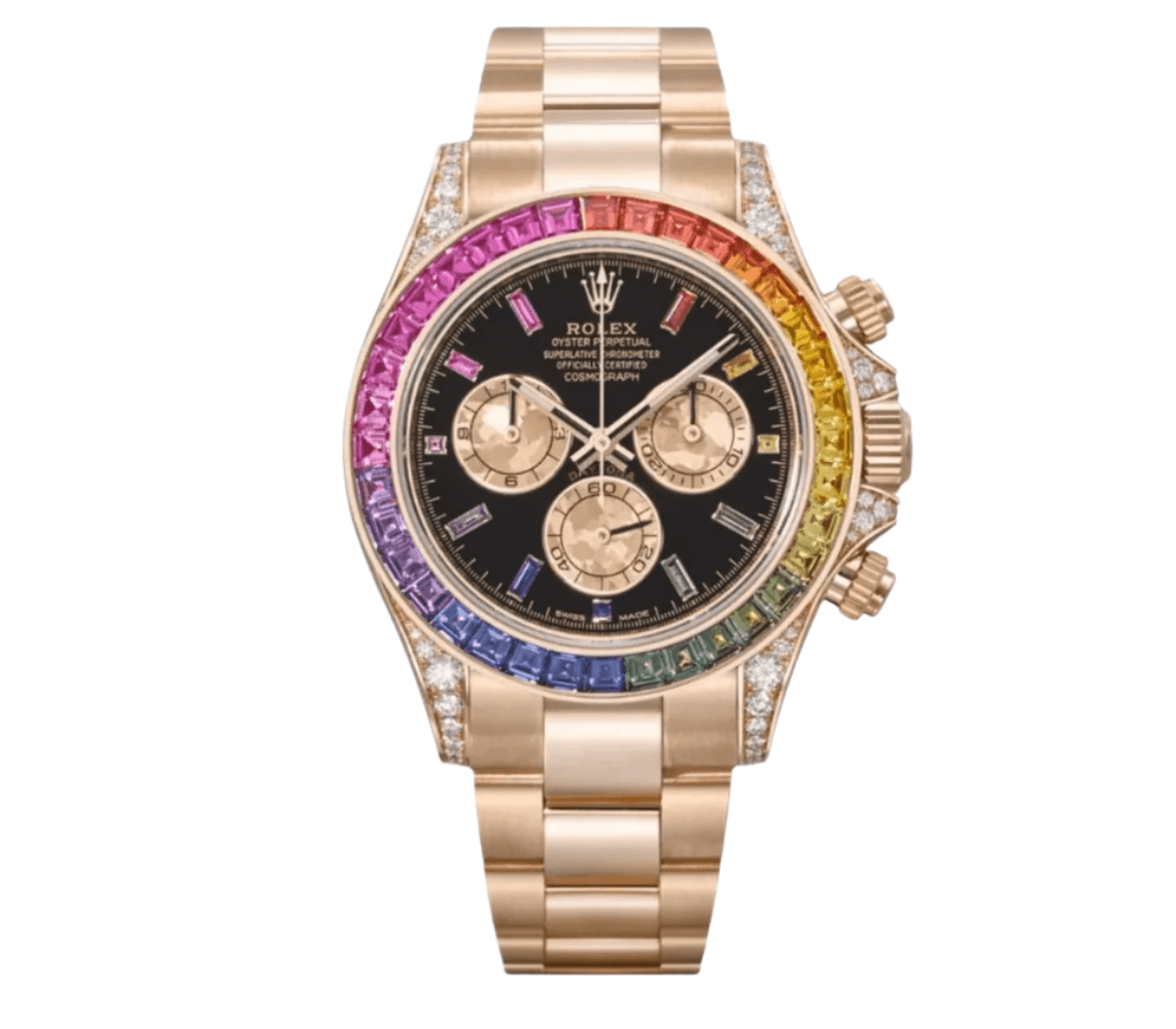 Rolex Daytona “Rainbow” 40mm in 18K yellow gold with multicolor sapphire bezel, black lacquer dial, diamond hour markers, and gold crystal sub-dials – Ref 116598RBOW