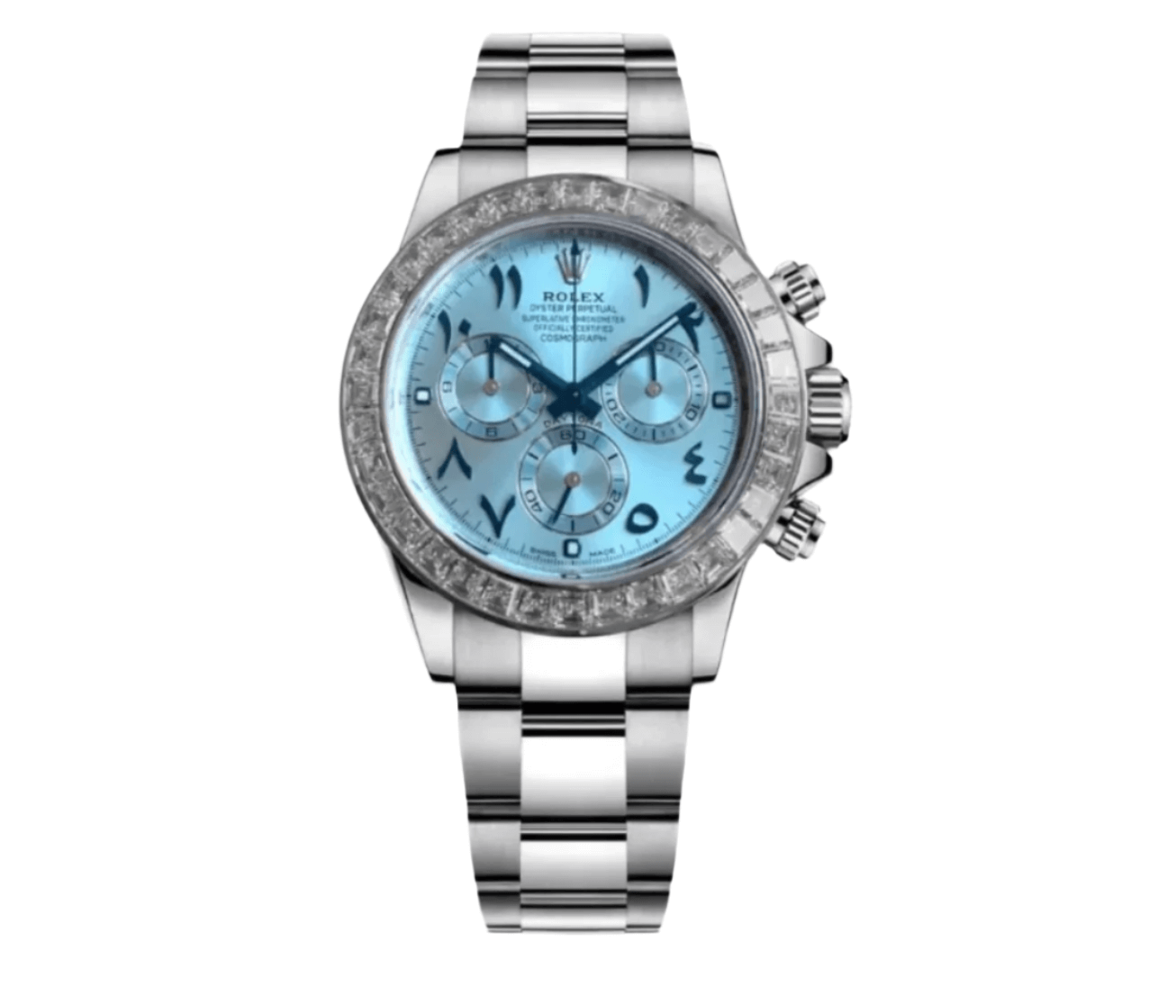 Rolex Daytona 40mm in platinum with diamond-set bezel, ice blue dial, and Eastern Arabic numerals on Oyster bracelet – Ref 116576TBR-0005