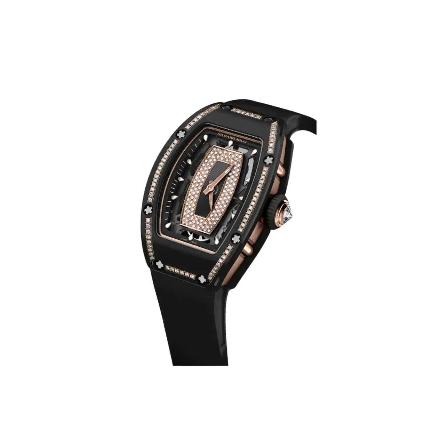 Luxury watch with black strap and rose gold accents on a light gray background
