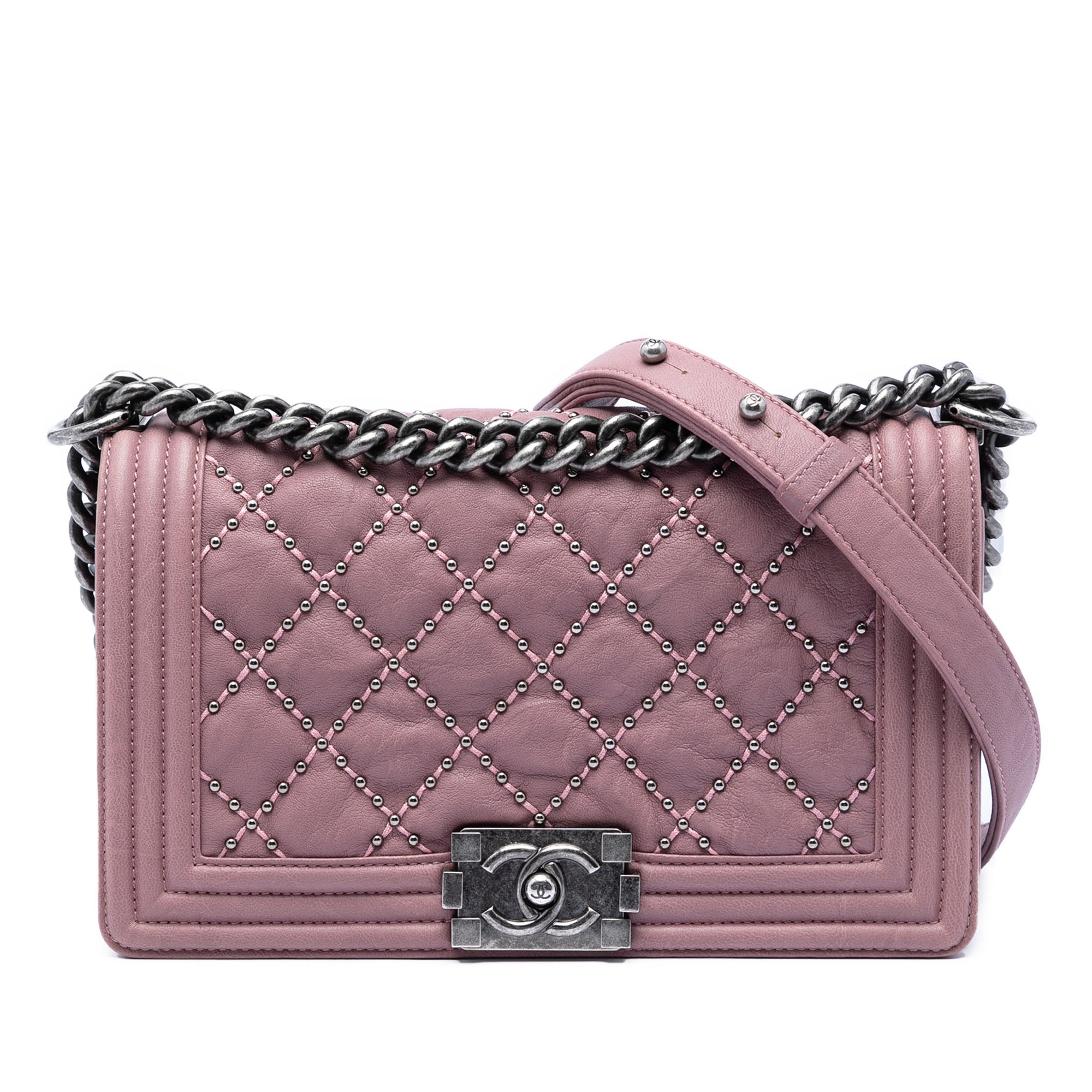 Chanel Old Medium Quilted Crumpled Calfskin Studded Boy Flap - image 1