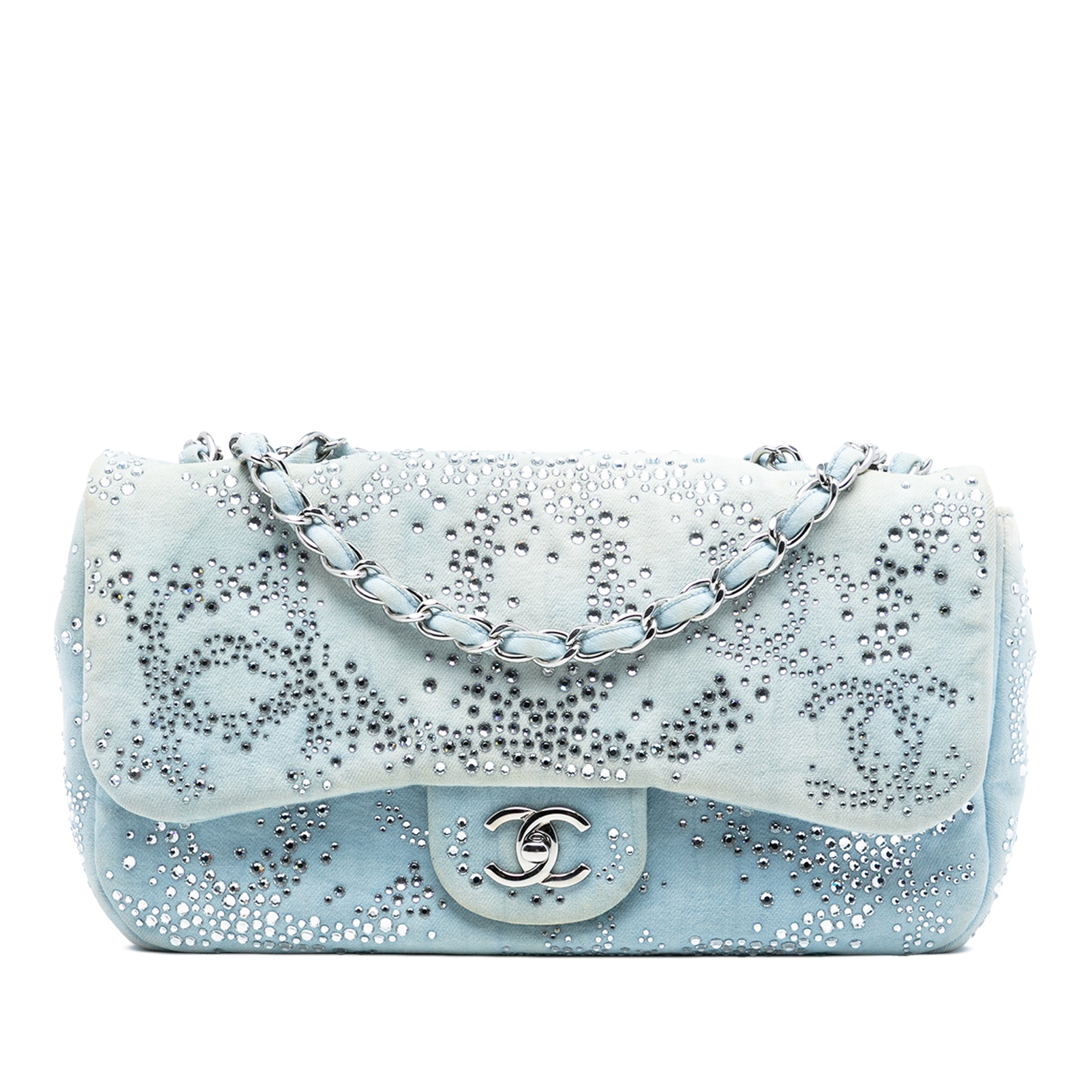 Chanel Jumbo CC Quilted Denim Crystal Embellished Single Flap - image 1