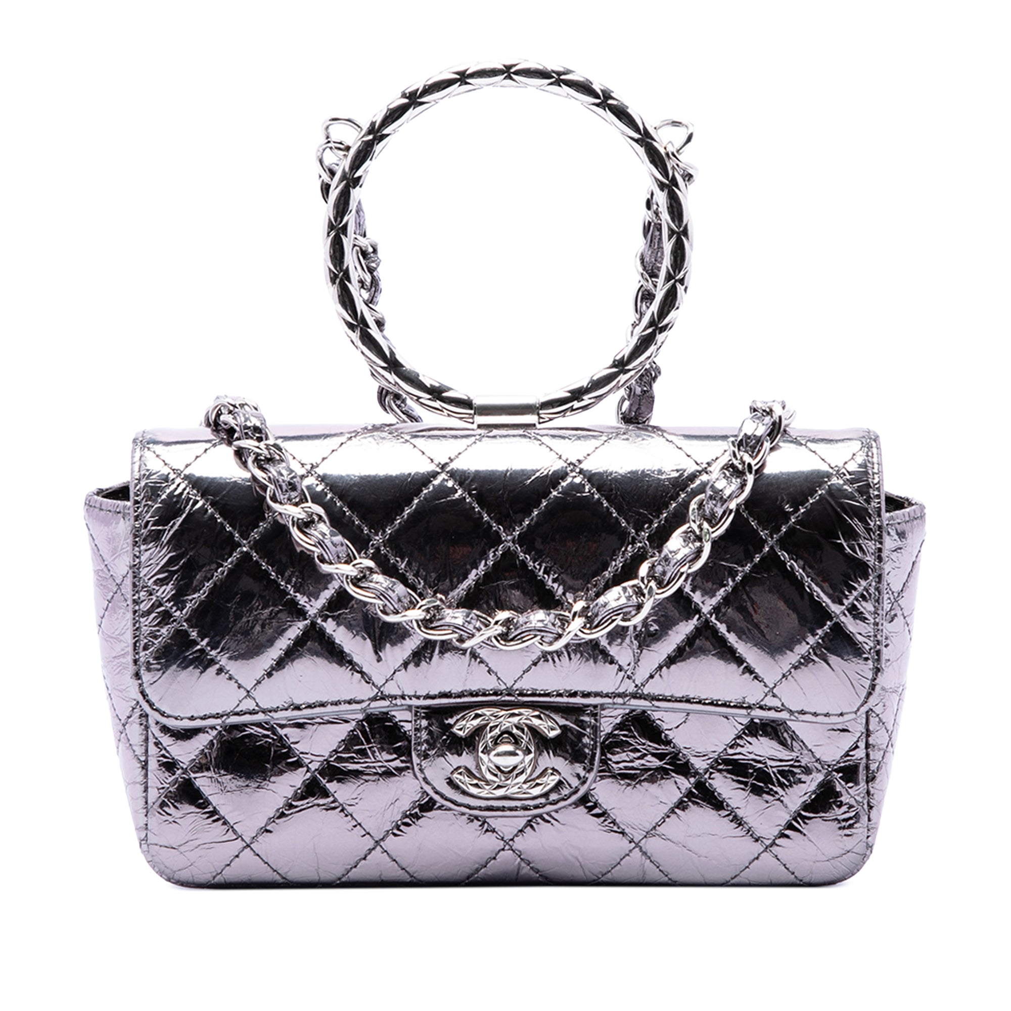 Chanel Mini Quilted Metallic Calfskin Ring Top Handle Flap - image 1