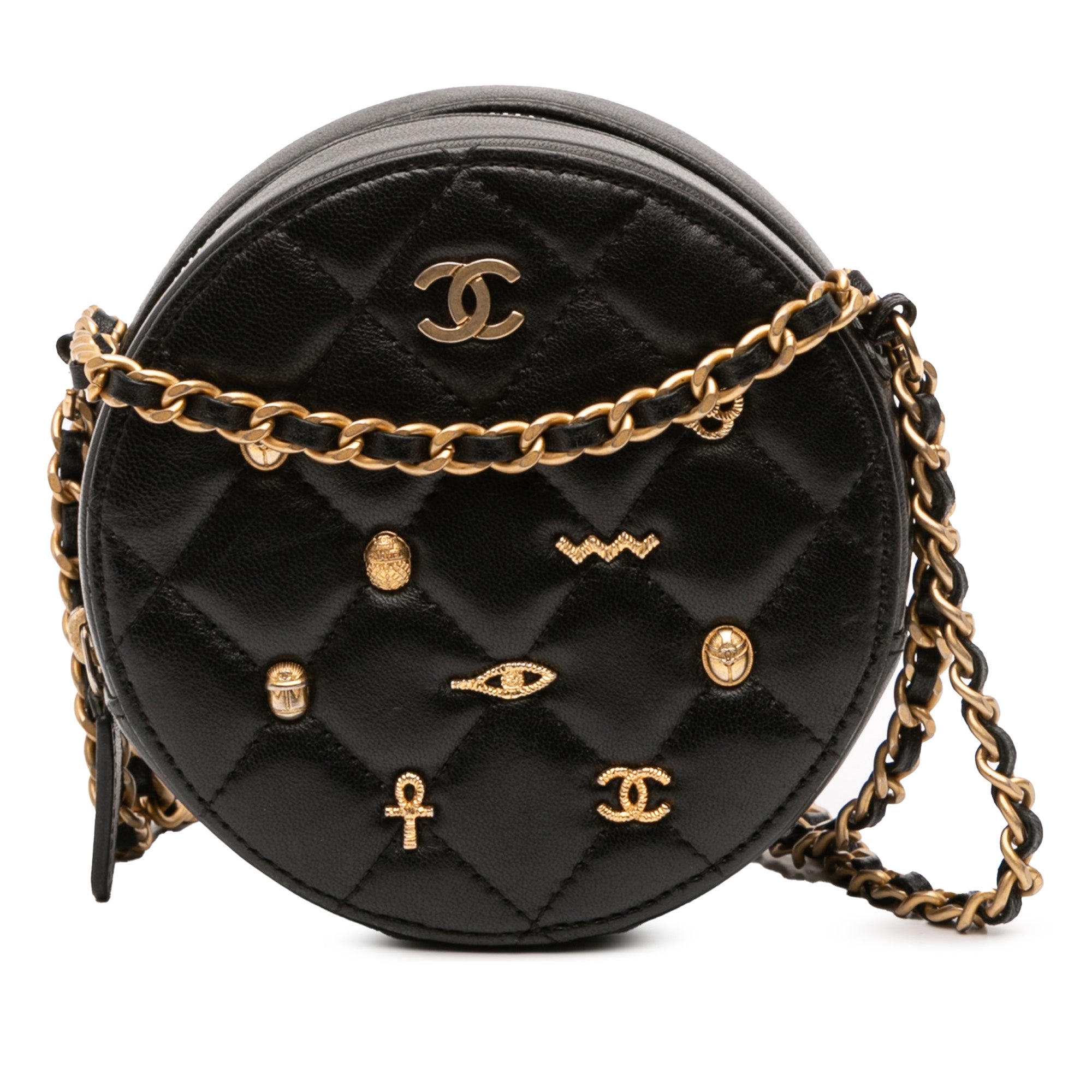 Chanel Quilted Lambskin Egyptian Amulet Charms Round Clutch with Chain - image 1