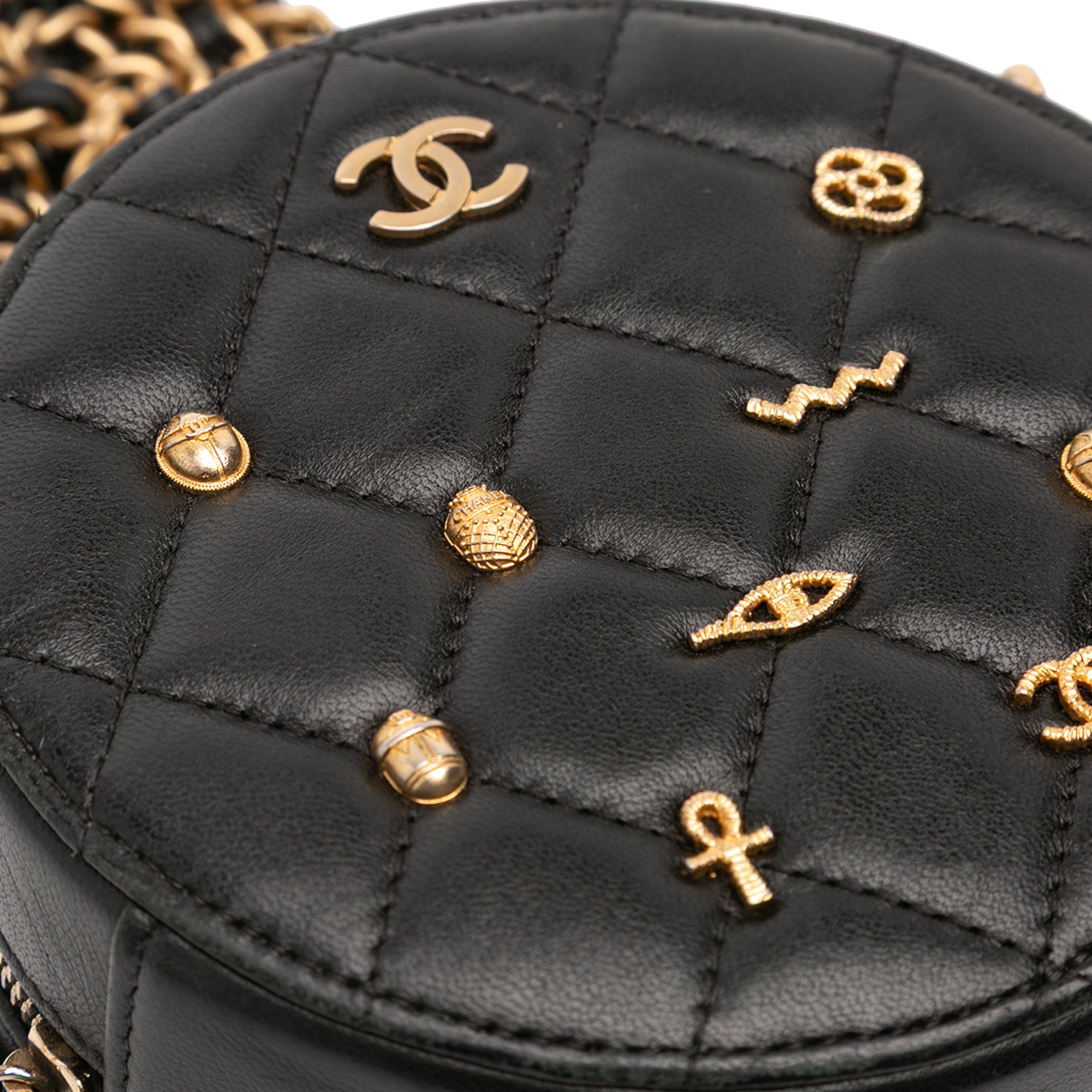 Chanel Quilted Lambskin Egyptian Amulet Charms Round Clutch with Chain - image 7