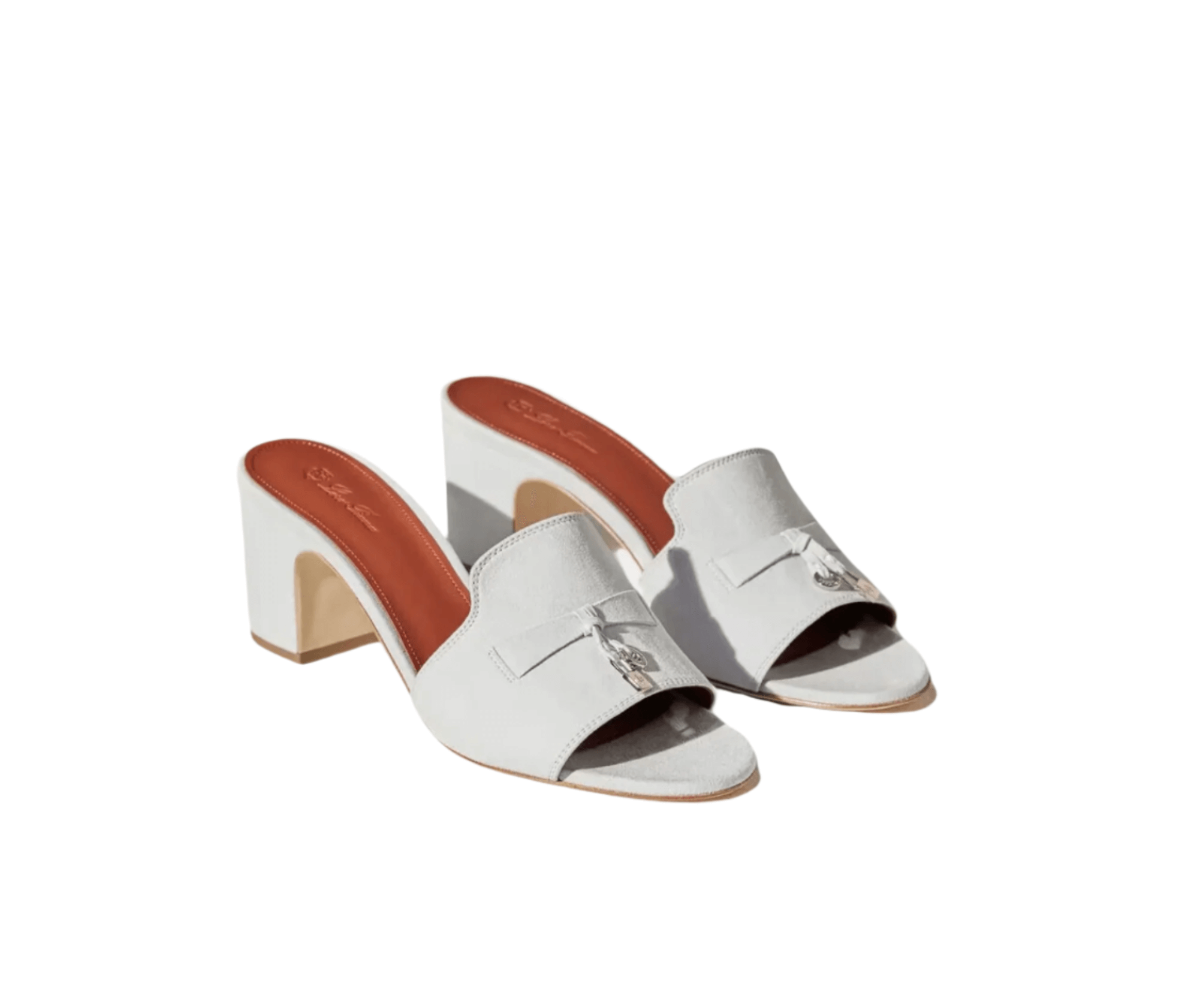 Loro Piana Summer Charms Heeled Sandal in suede goatskin with 5.5 cm heel and metallic My Charms embellishments
