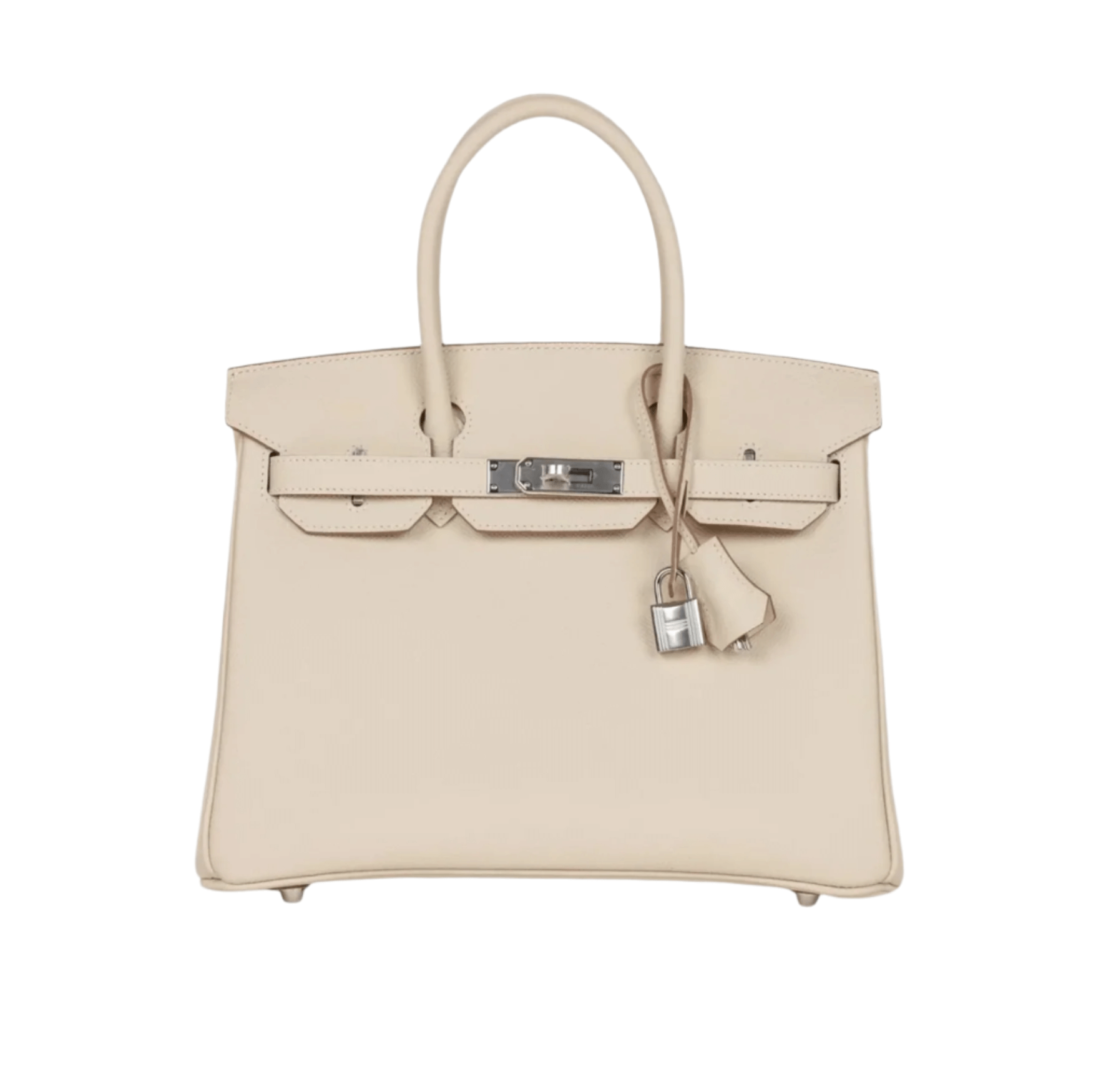 Hermès Birkin 30 in Craie Epsom leather with palladium hardware, featuring double rolled handles, tonal stitching, and classic flap closure