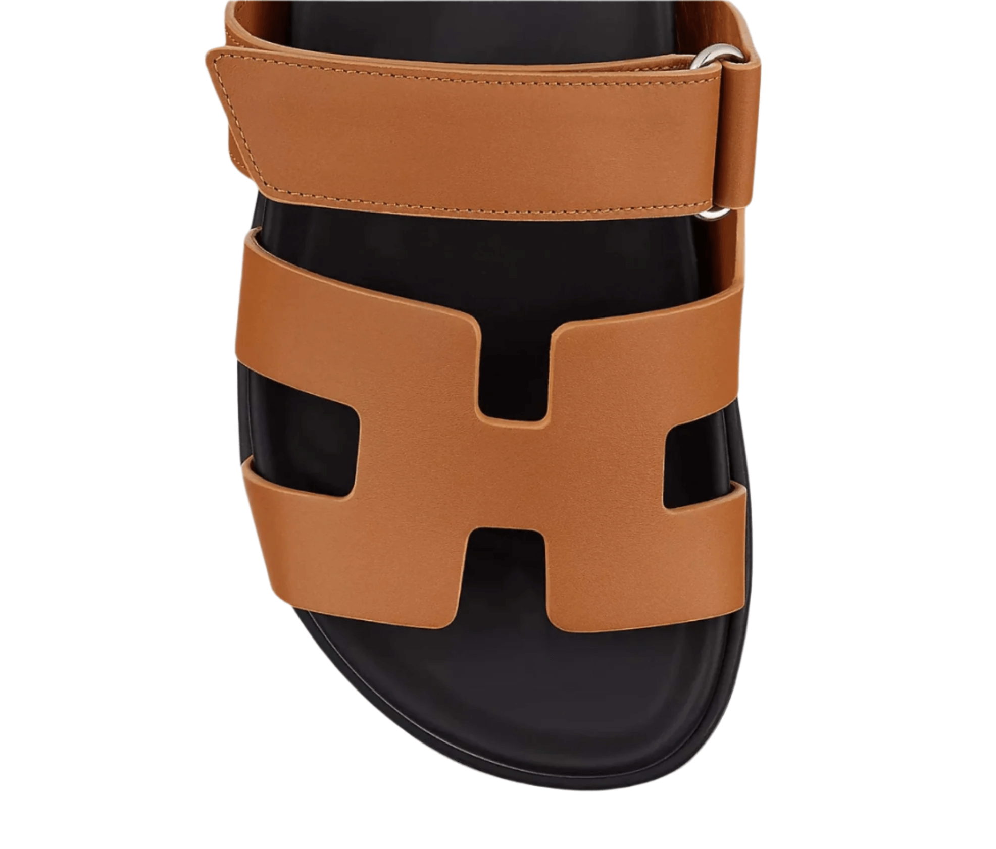 Hermès Chypre sandals in tan leather with black sole and signature H cut-out design for men and women
