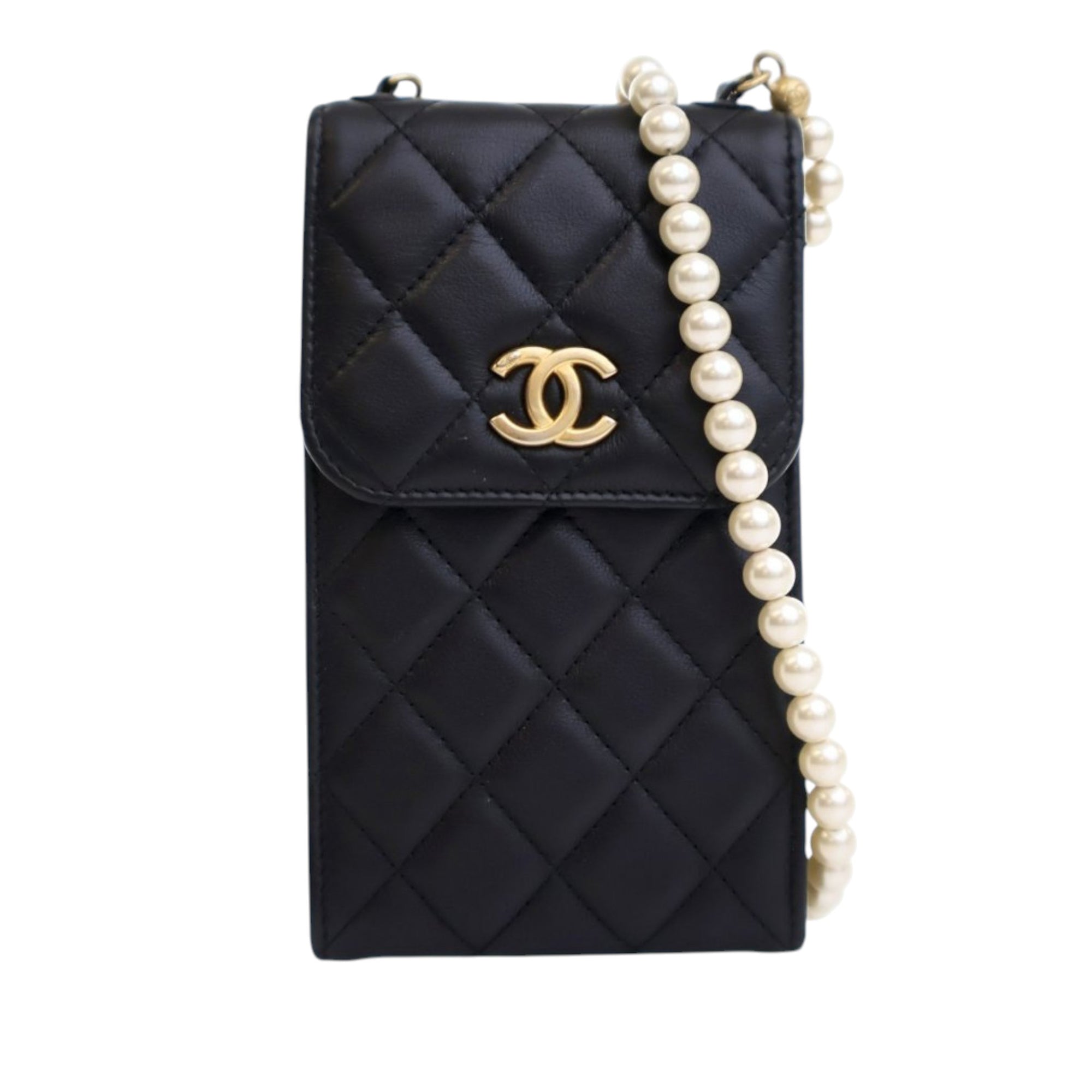 Chanel CC Quilted Lambskin Pearl Phone Holder - image 1