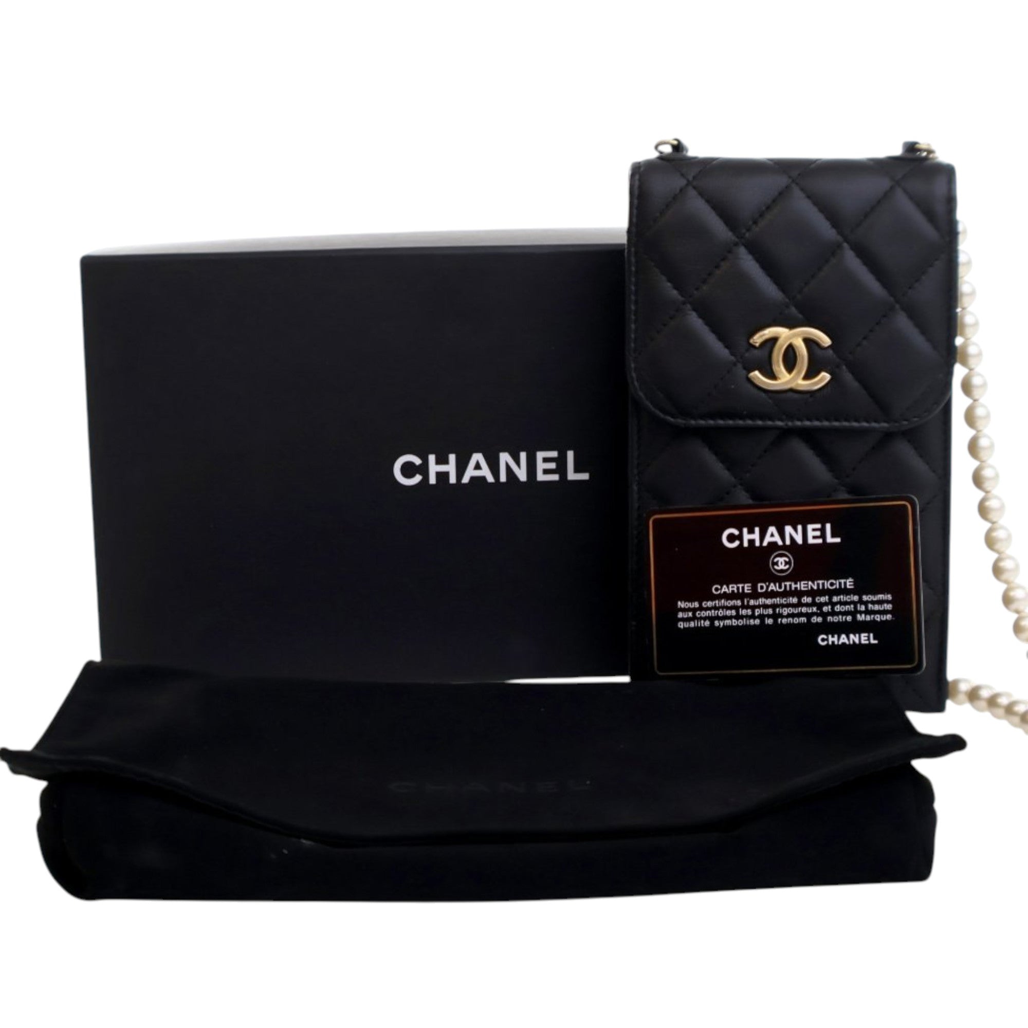 Chanel CC Quilted Lambskin Pearl Phone Holder - image 14
