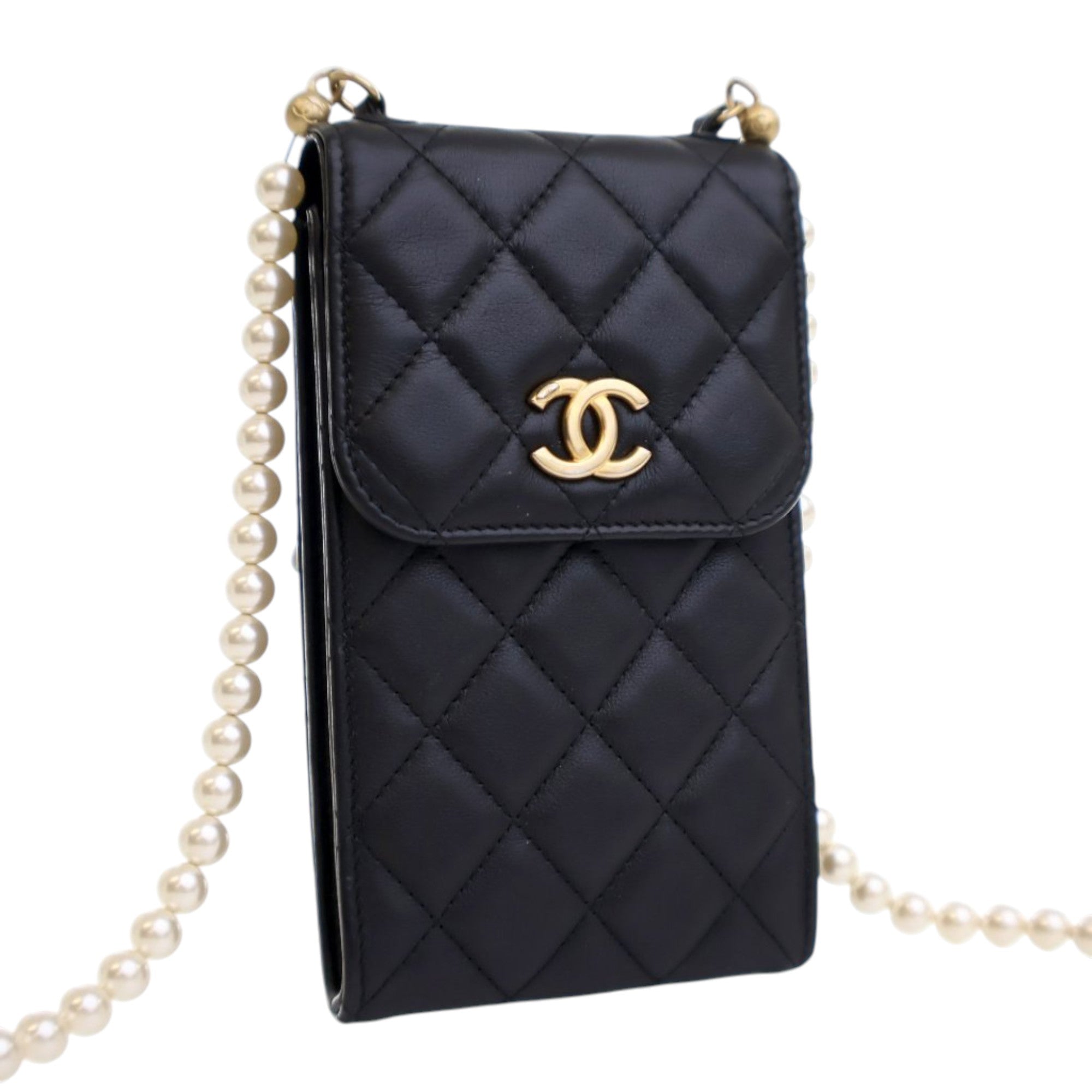 Chanel CC Quilted Lambskin Pearl Phone Holder - image 3
