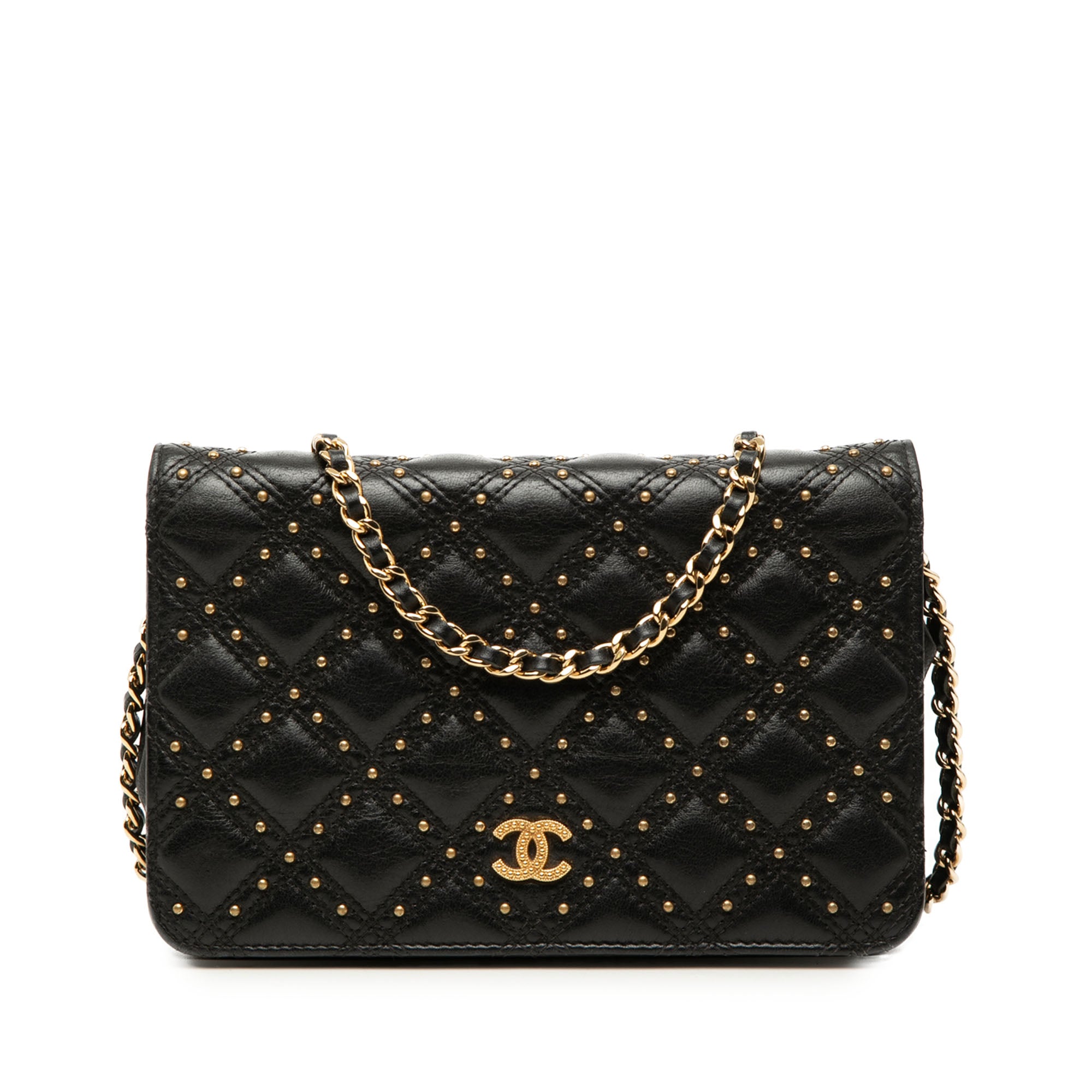 Chanel CC Lambskin Studded Diamond Stitch Wallet On Chain - image 1